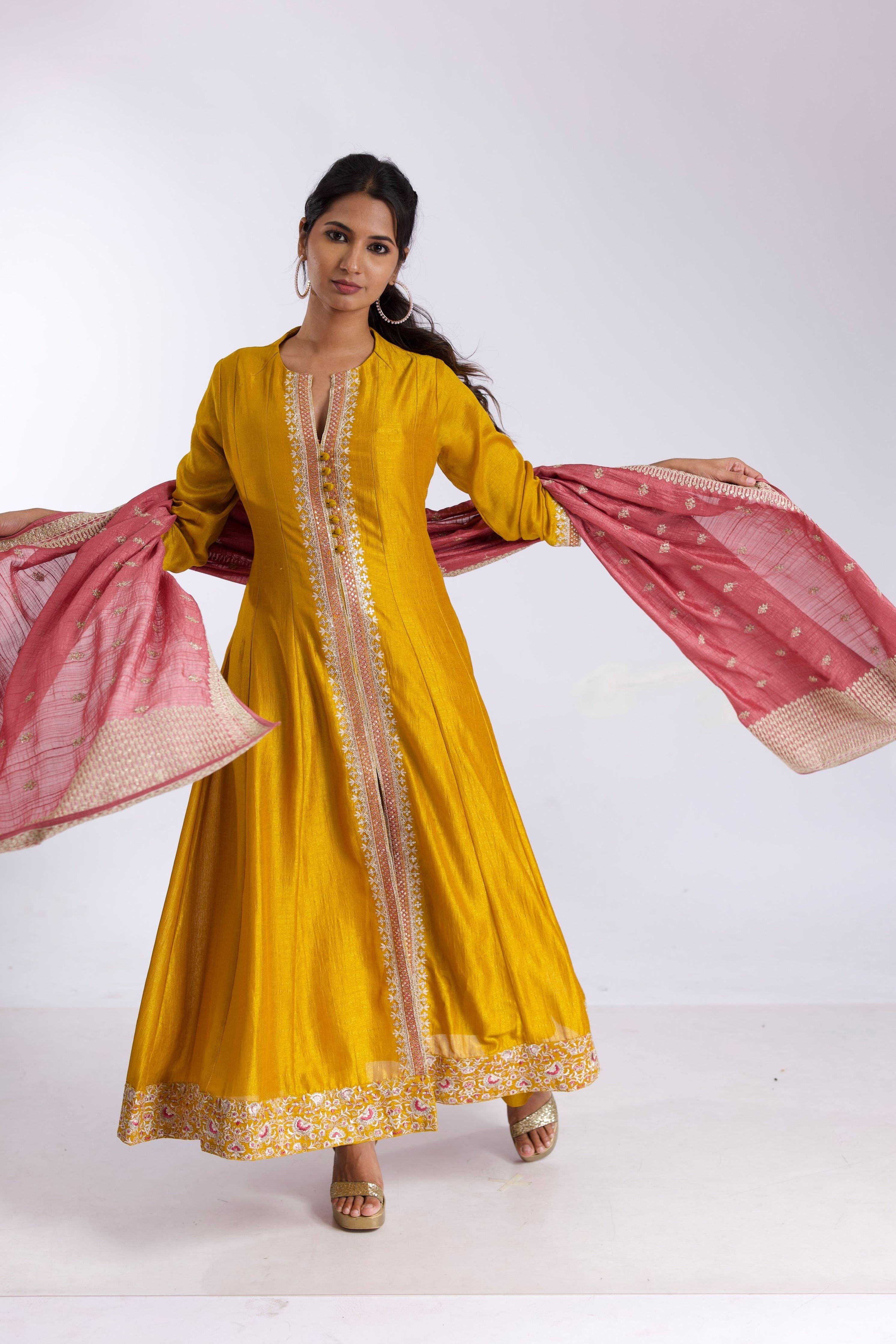 Elegant Mustard Silk Anarkali Suit Set With Salmon Pink Satin-Silk Dupatta - Mokshaa