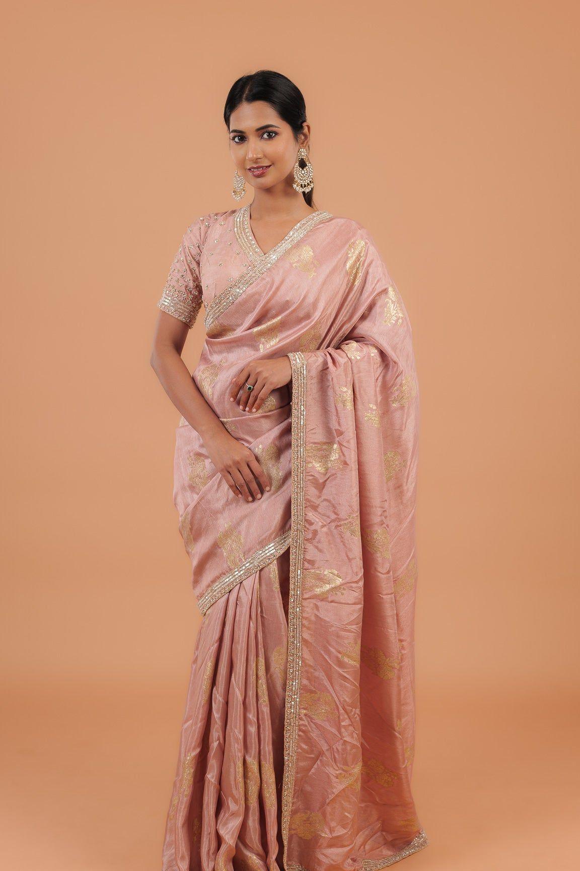 Light Peachy Beige Handloom Georgette Saree - Mokshaa
