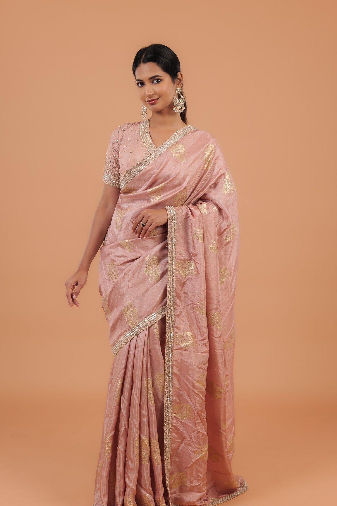 Light Peachy Beige Handloom Georgette Saree - Mokshaa