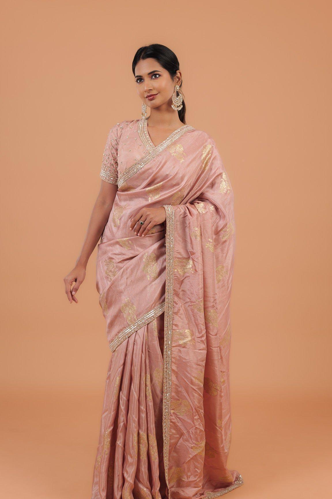 Light Peachy Beige Handloom Georgette Saree - Mokshaa