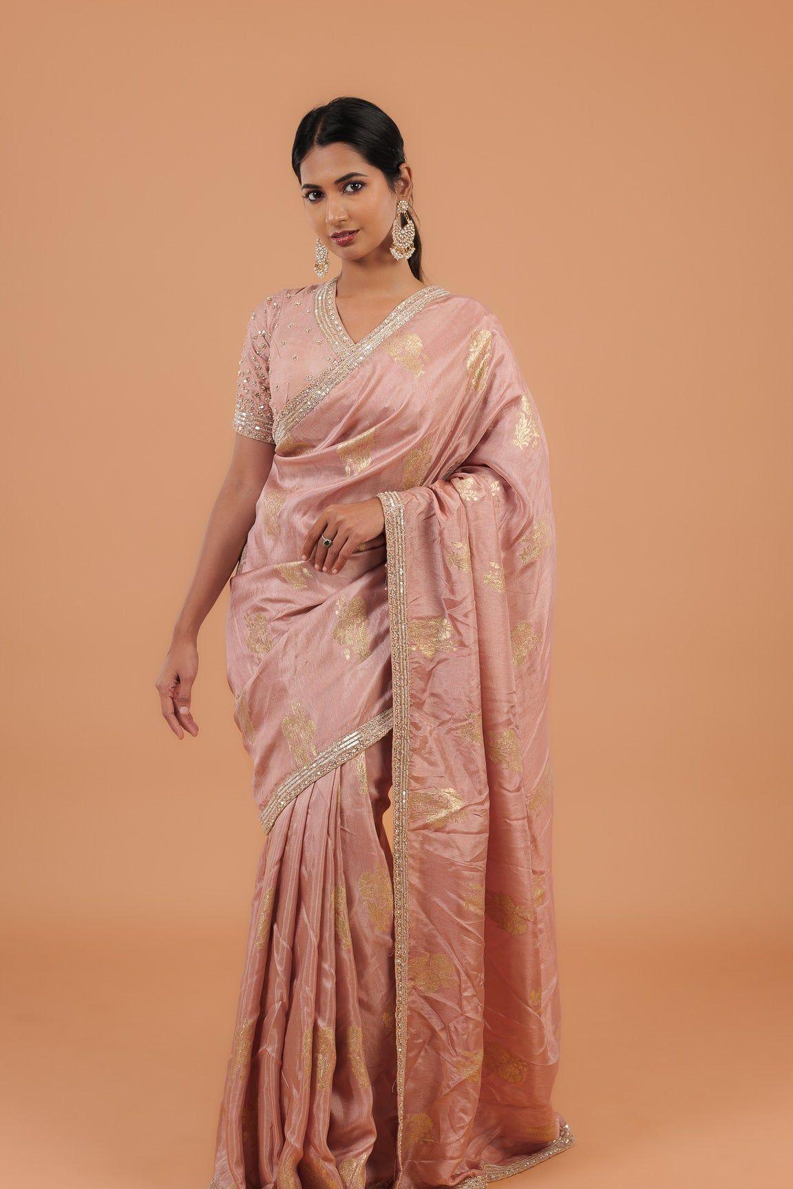 Light Peachy Beige Handloom Georgette Saree - Mokshaa