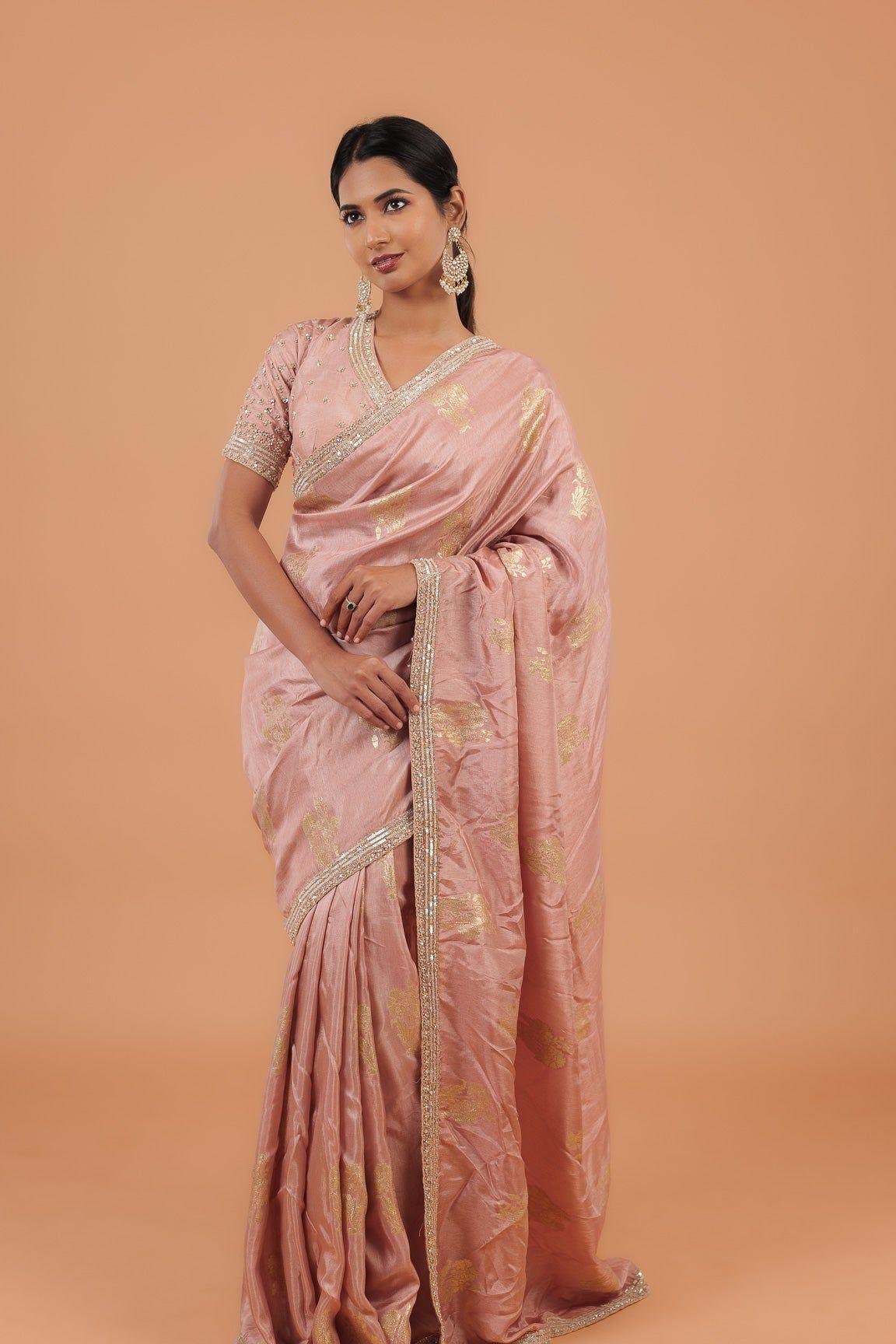 Light Peachy Beige Handloom Georgette Saree - Mokshaa