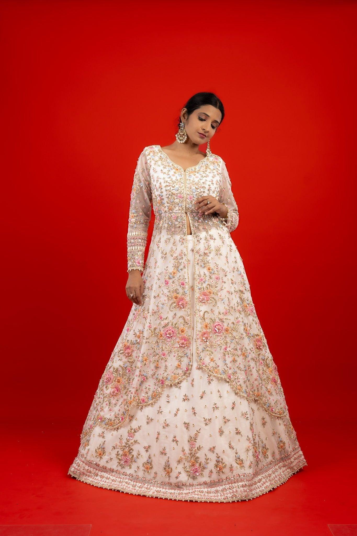 Ivory Net Jacket Lehenga with Sequins, Pearl, Stone & Appliqu茅Embroidery - Mokshaa