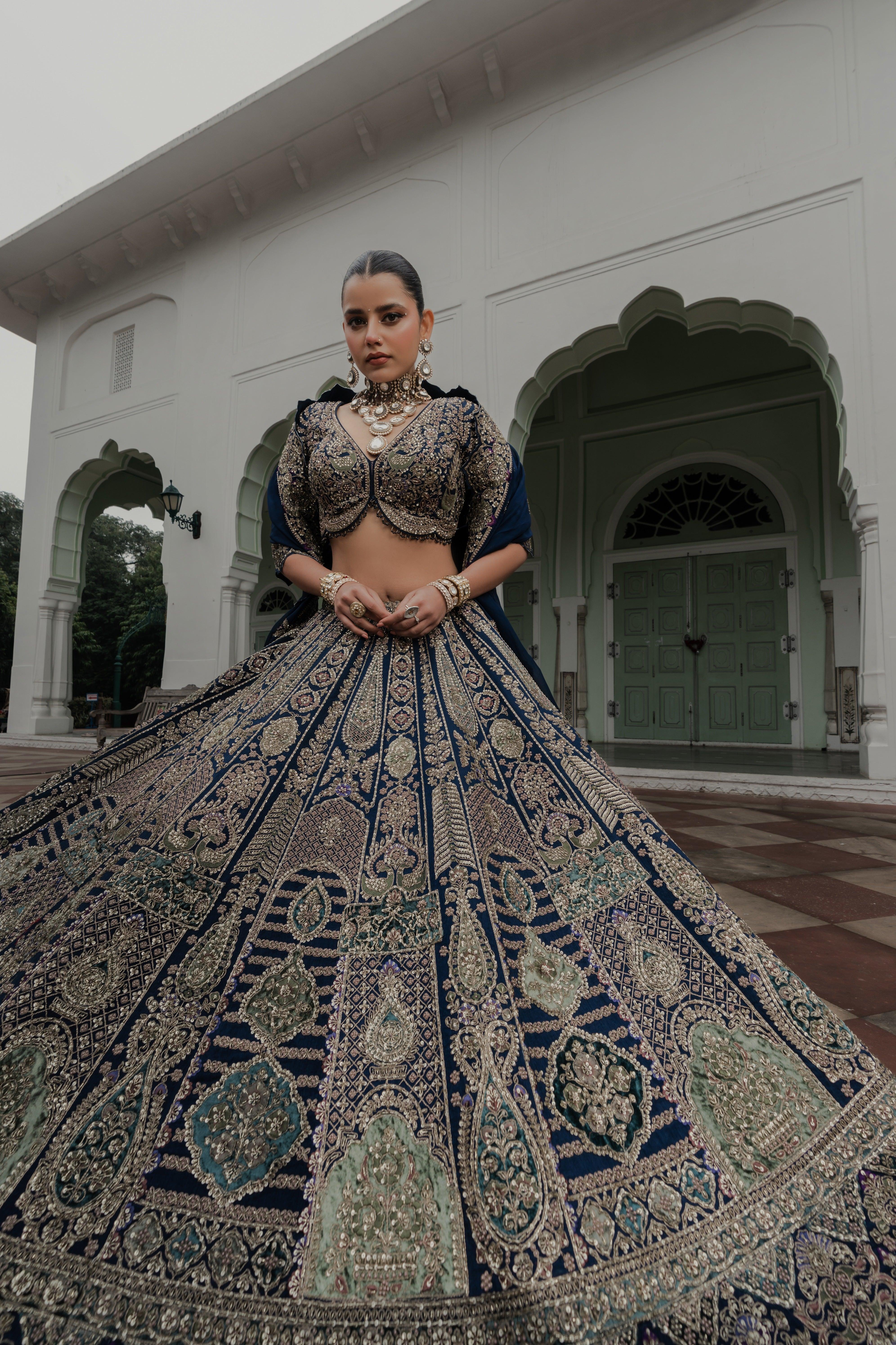 Navy Blue Velvet Lehenga with Pastel Zardosi and Sequin Embroidery - Mokshaa