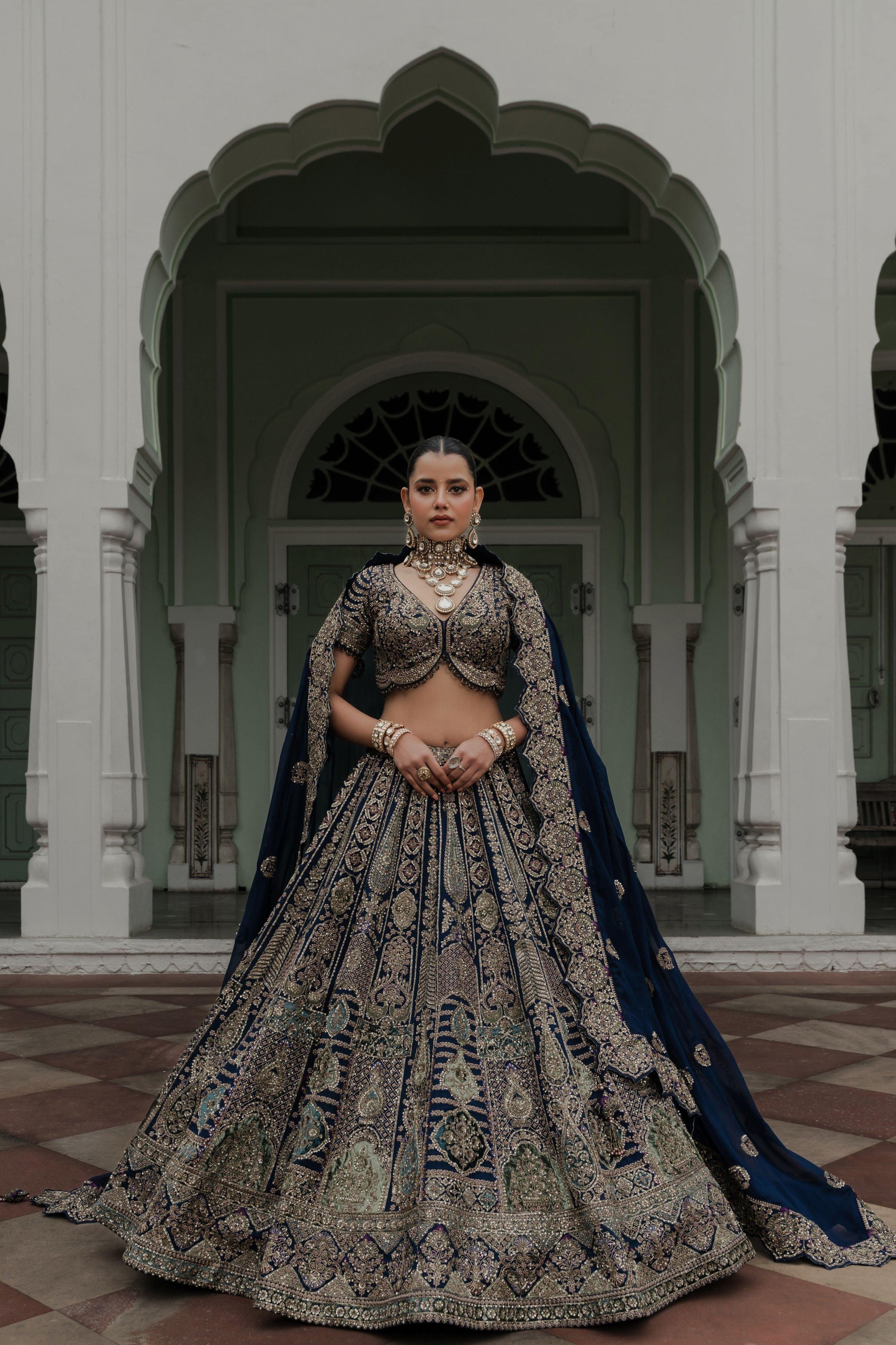 Navy Blue Velvet Lehenga with Pastel Zardosi and Sequin Embroidery - Mokshaa