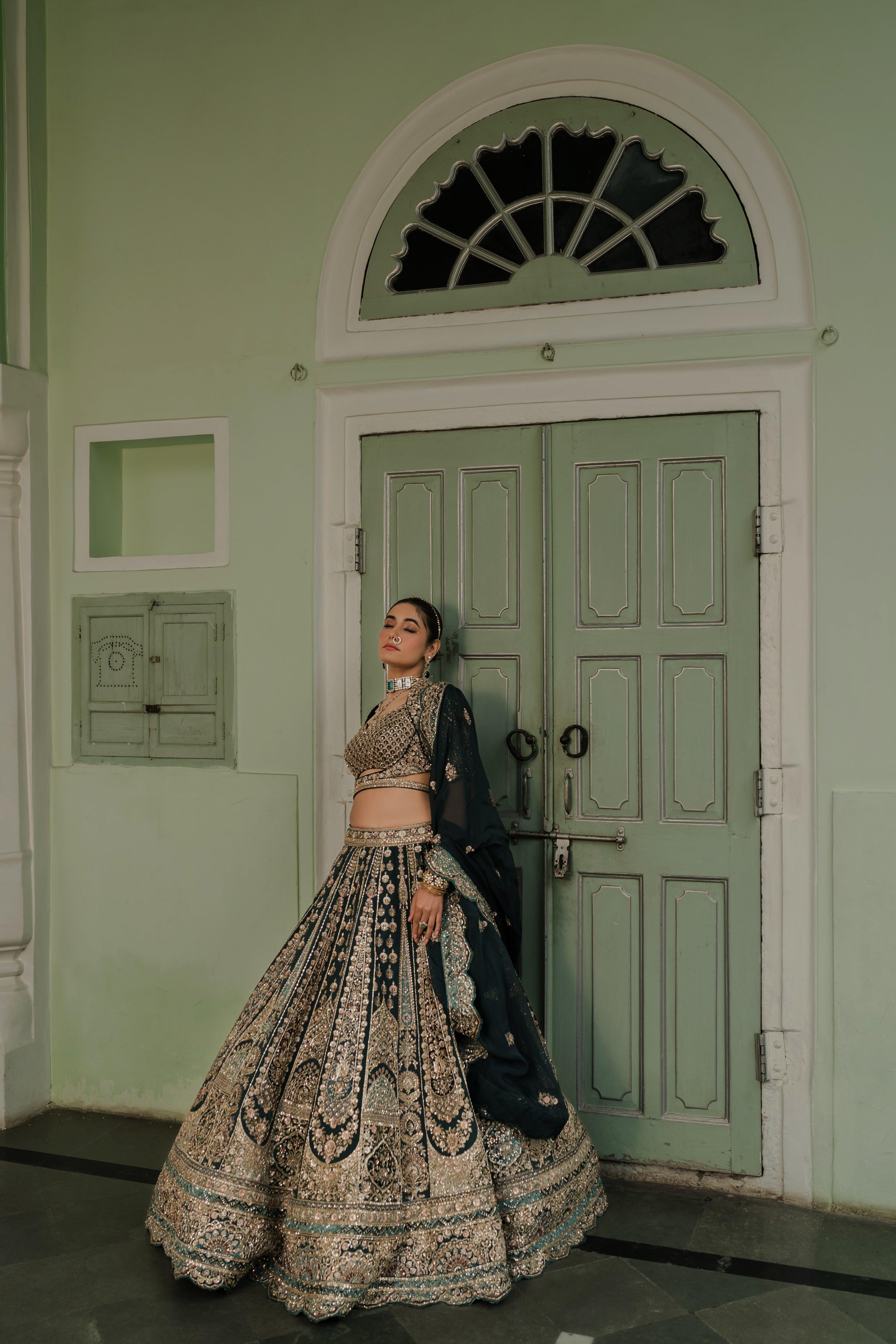 Teal Green Raw Silk Lehenga with Zardosi & Sequin Embroidery - Mokshaa