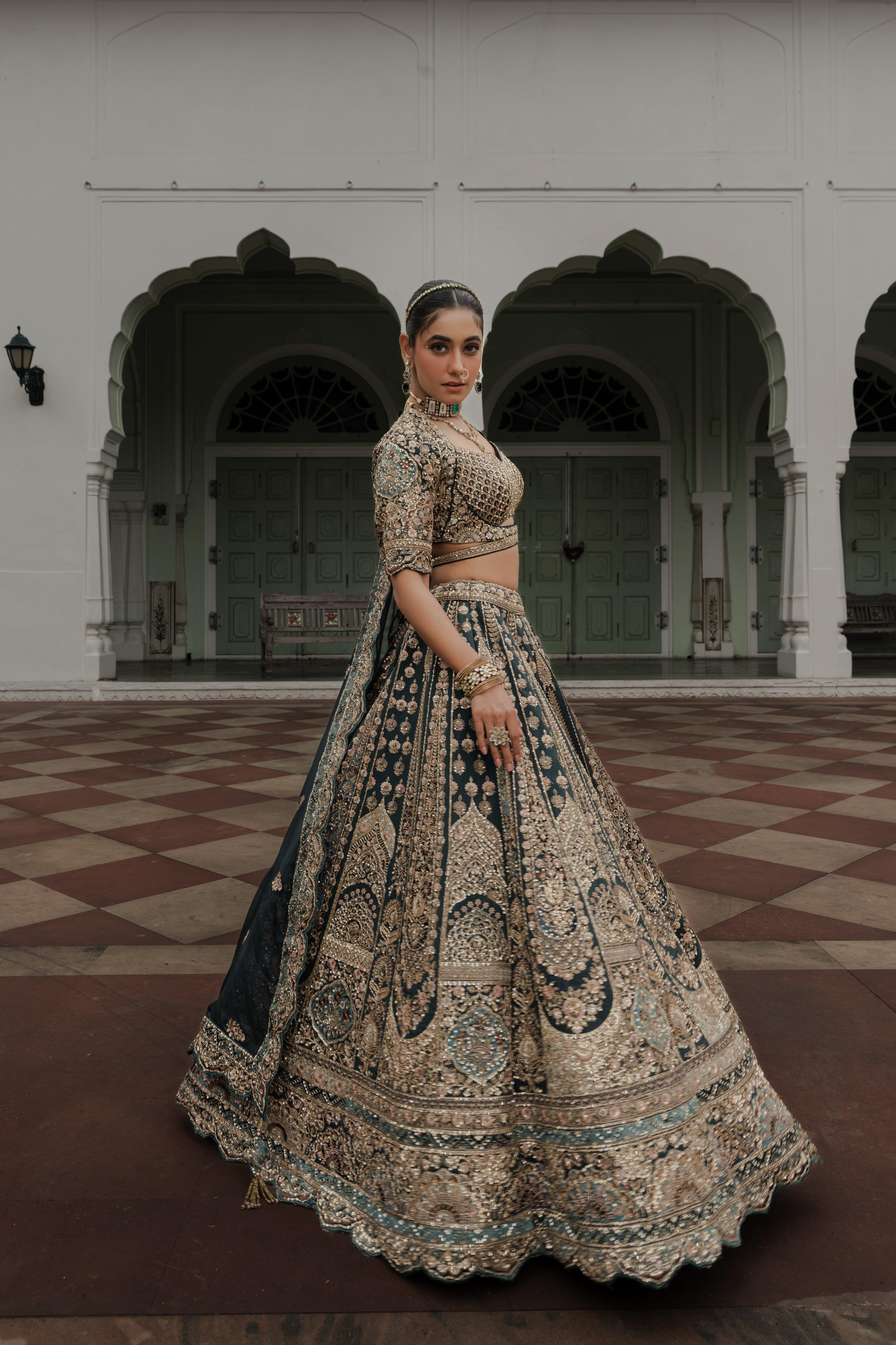 Teal Green Raw Silk Lehenga with Zardosi & Sequin Embroidery - Mokshaa