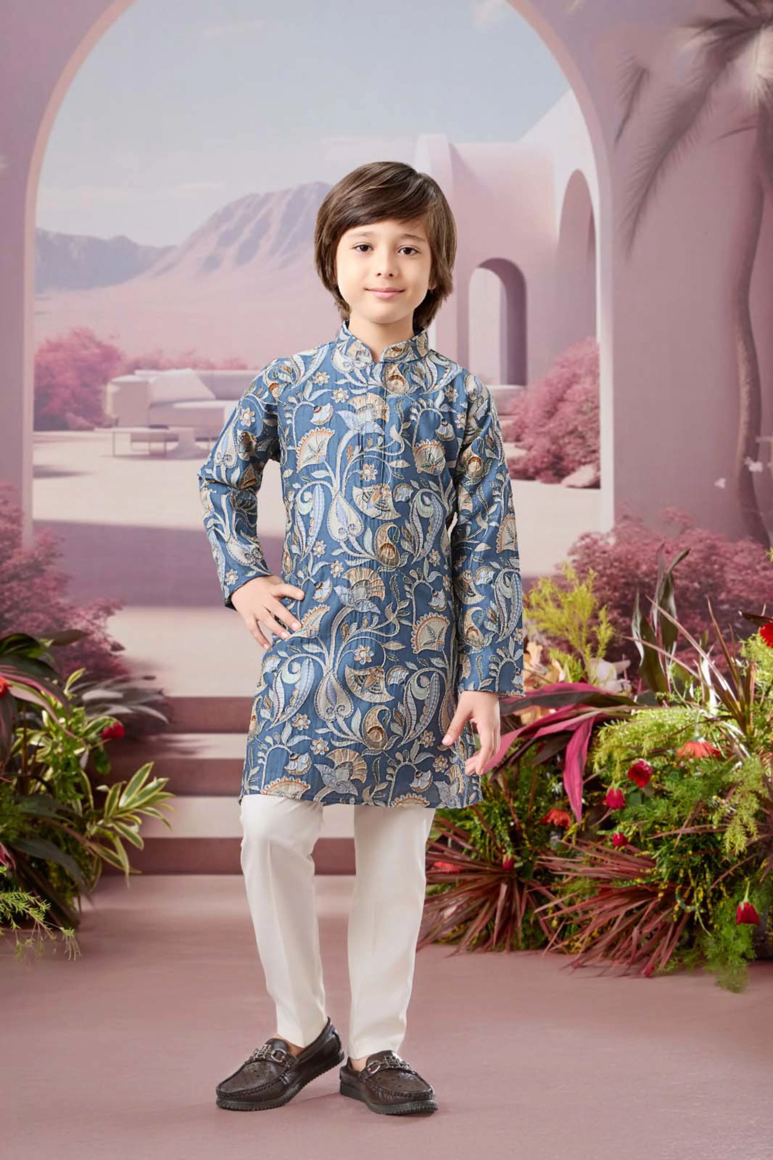 Blue Boys Kurta Pajama Set with All-Over Woven Design - Mokshaa