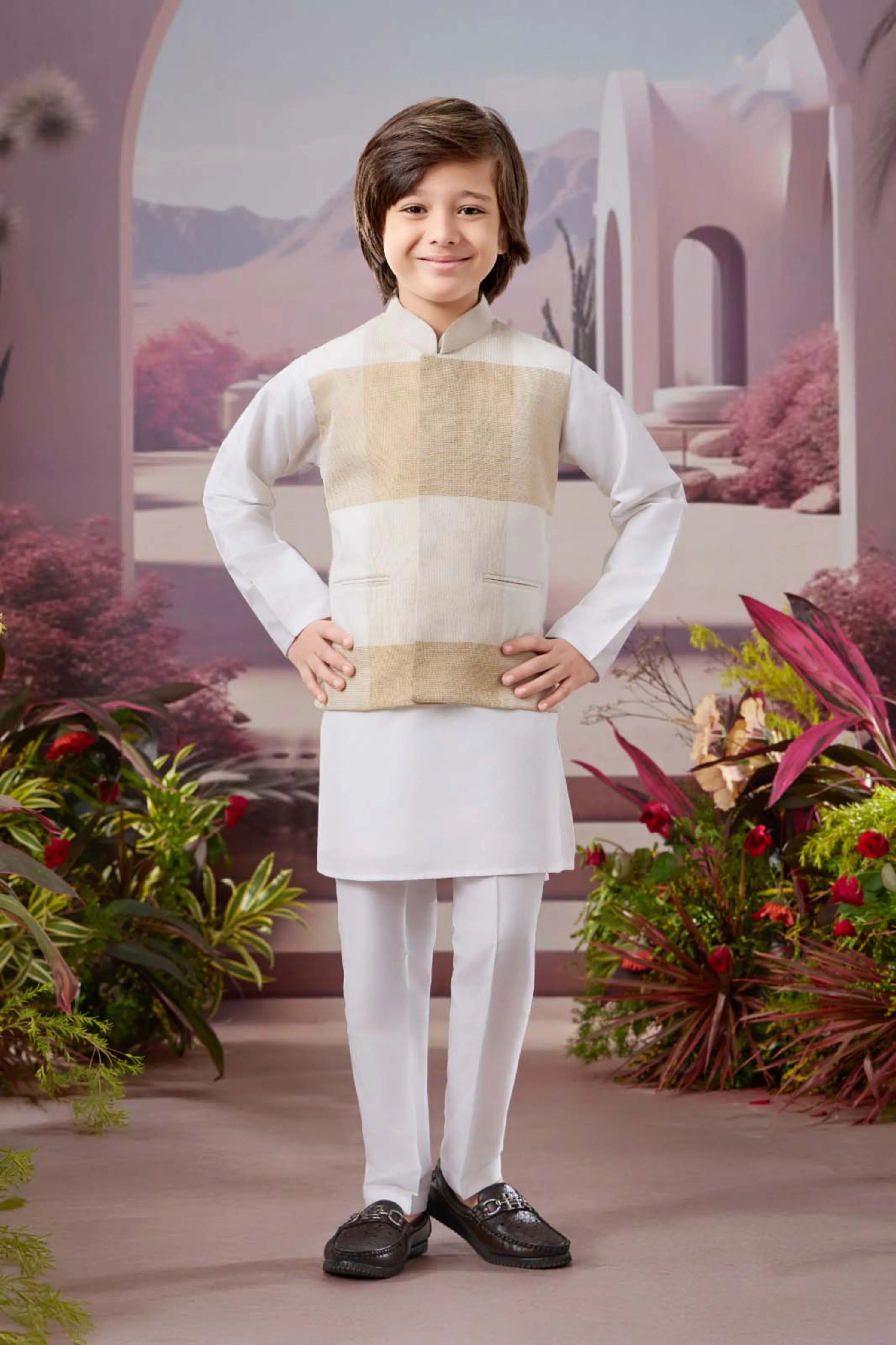 White Boys Kurta Pajama Set with Beige Checked Bandi - Mokshaa