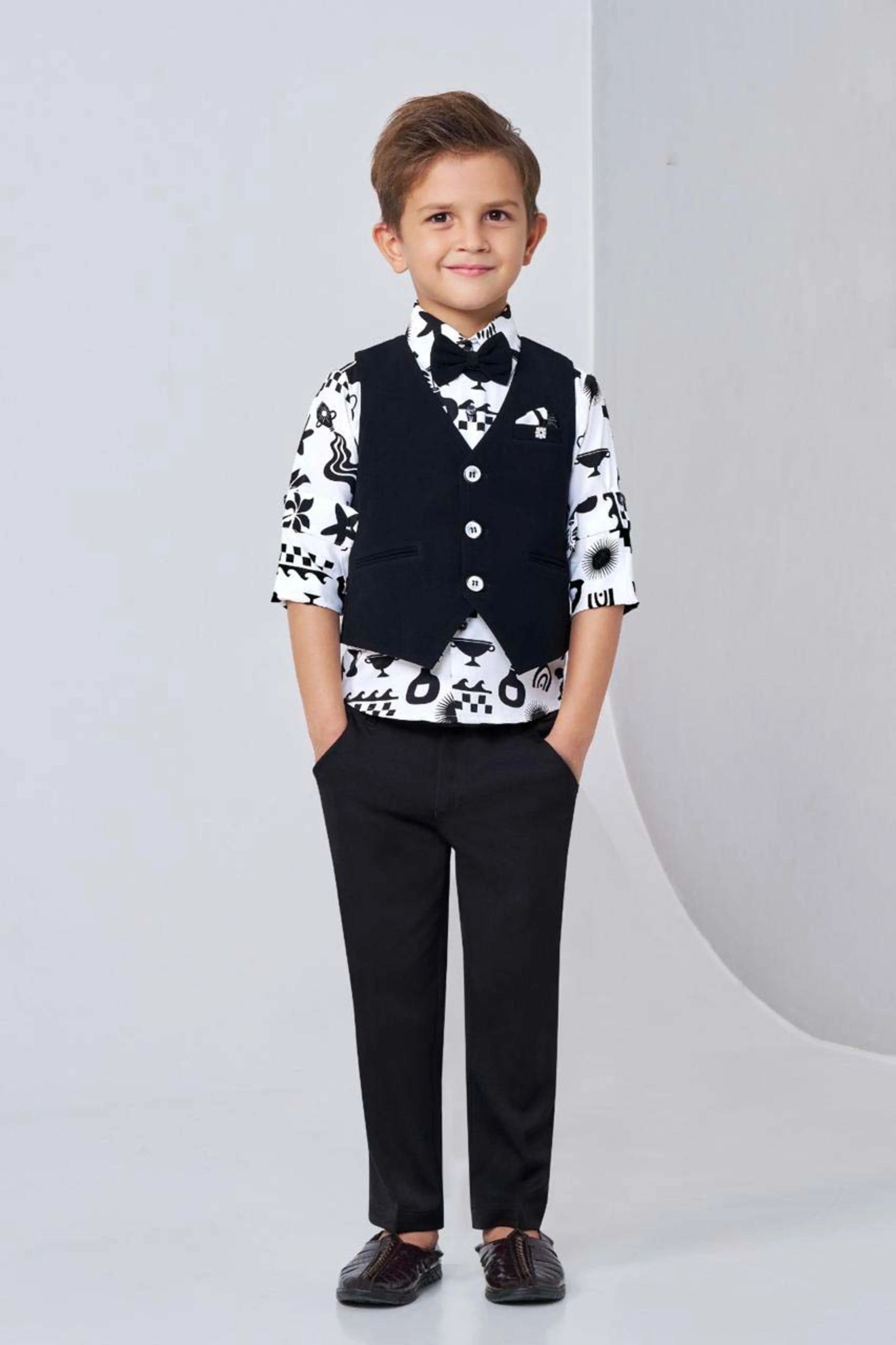 Black & White Boys Bandi Shirt Set with Bow Tie - Mokshaa