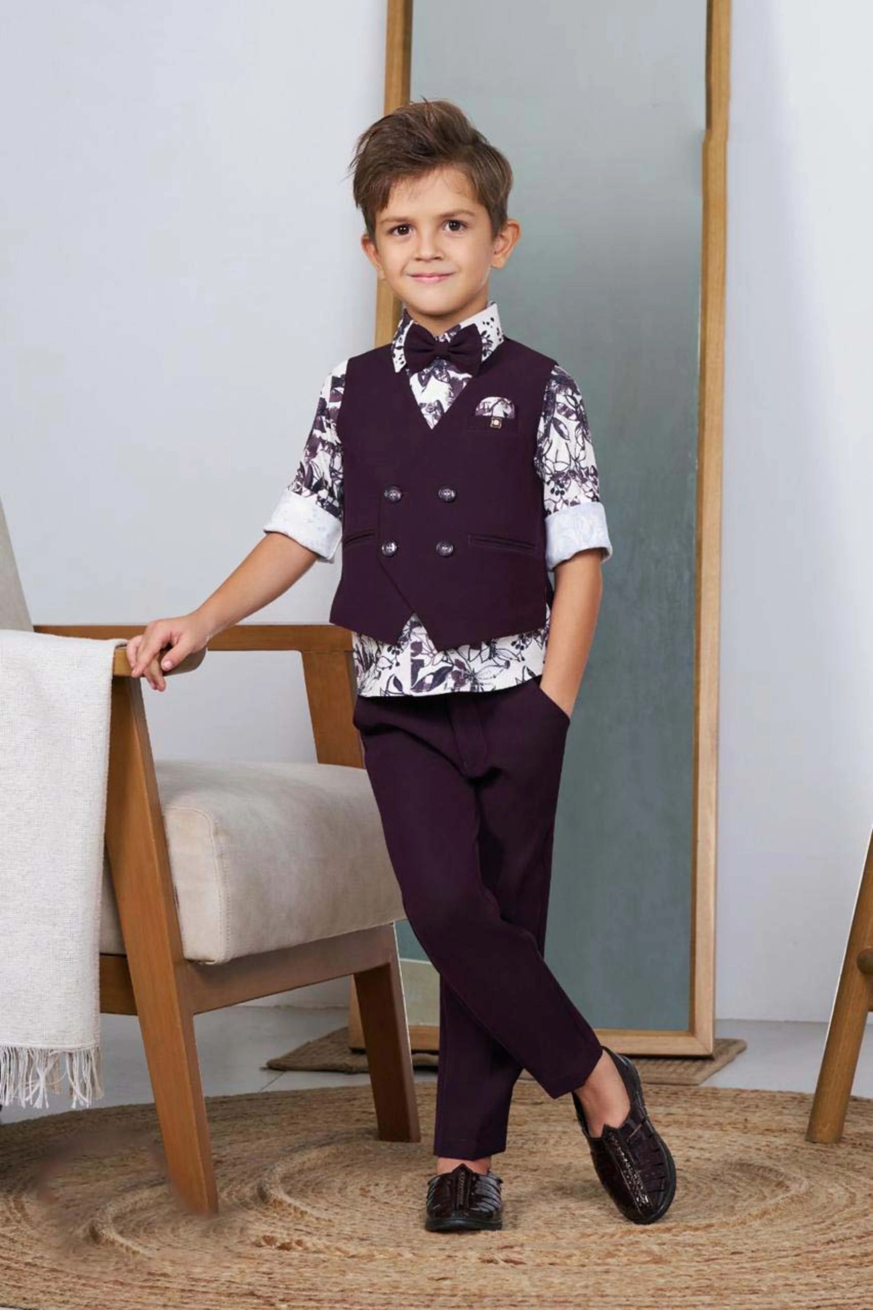 Wine Boys Printed Bandi Shirt Set - Mokshaa