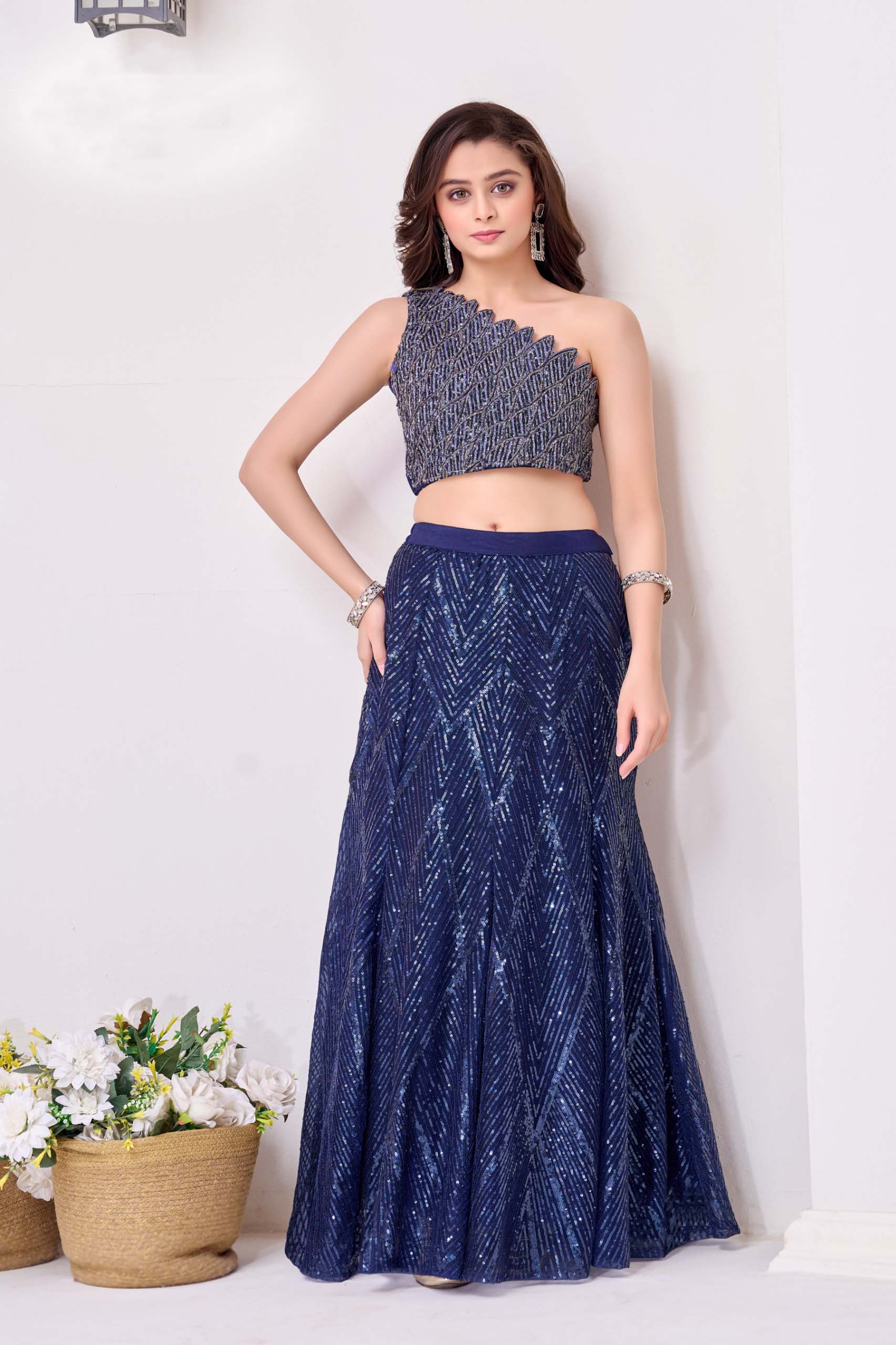Navy Blue Sequin Lehenga Set