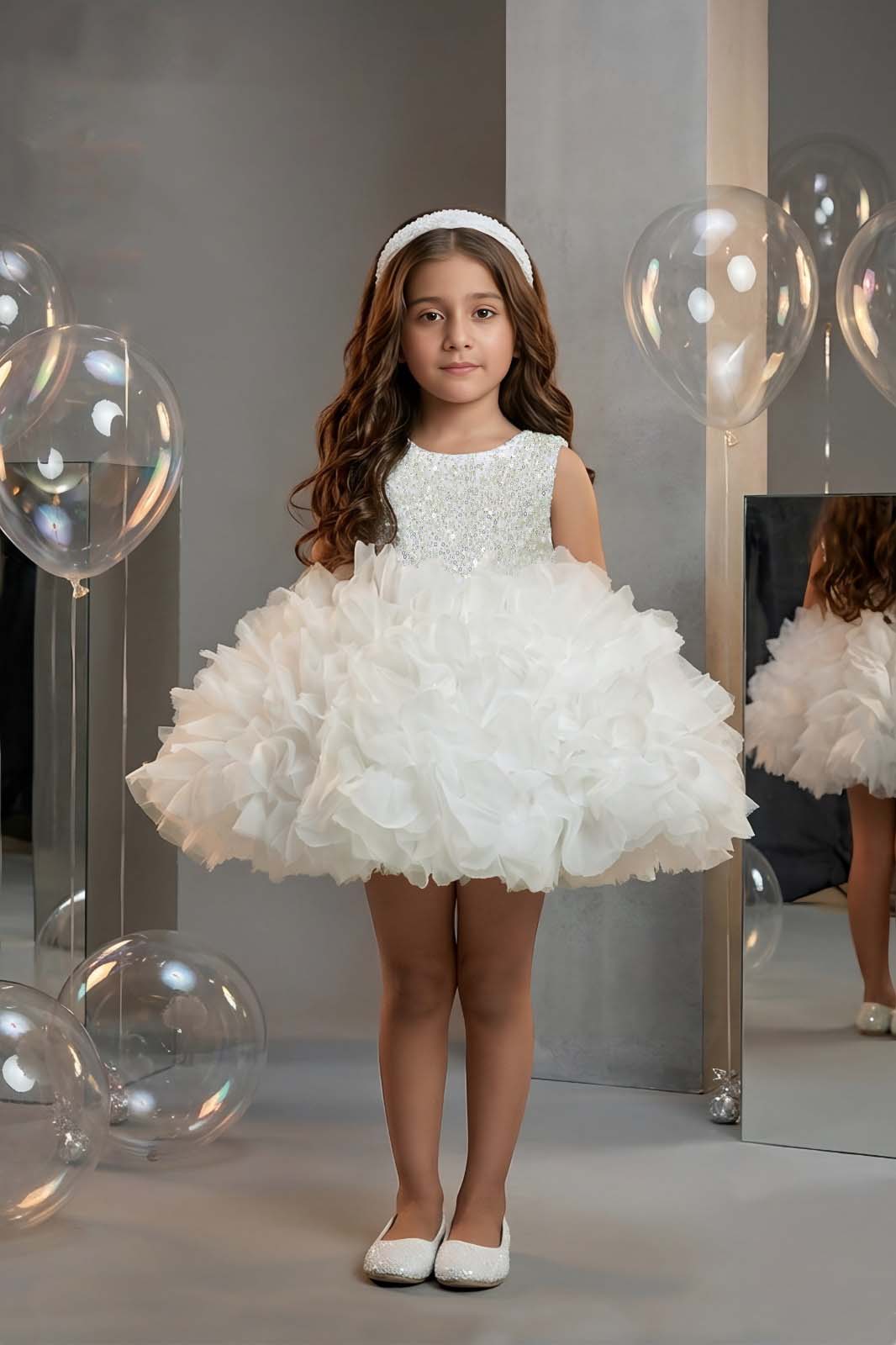 White Sequin & Ruffle Girls Party Wear Frock - Mokshaa
