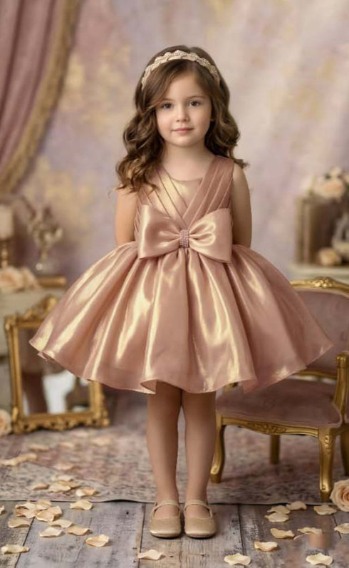 Rose Gold Satin Bow Girls Party Wear Frock - Mokshaa