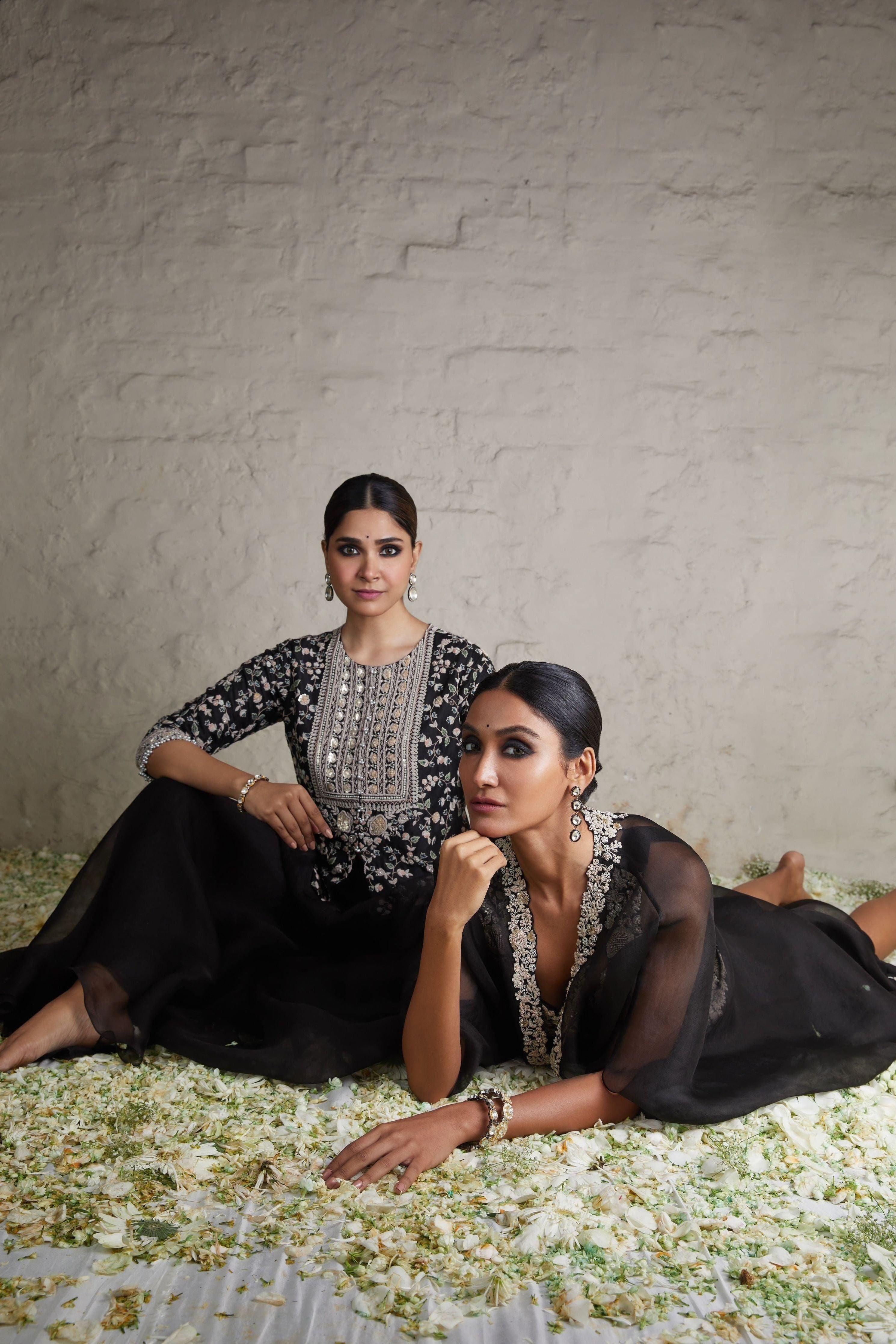 Black Silk Blouse With Organza Sharara - Mokshaa