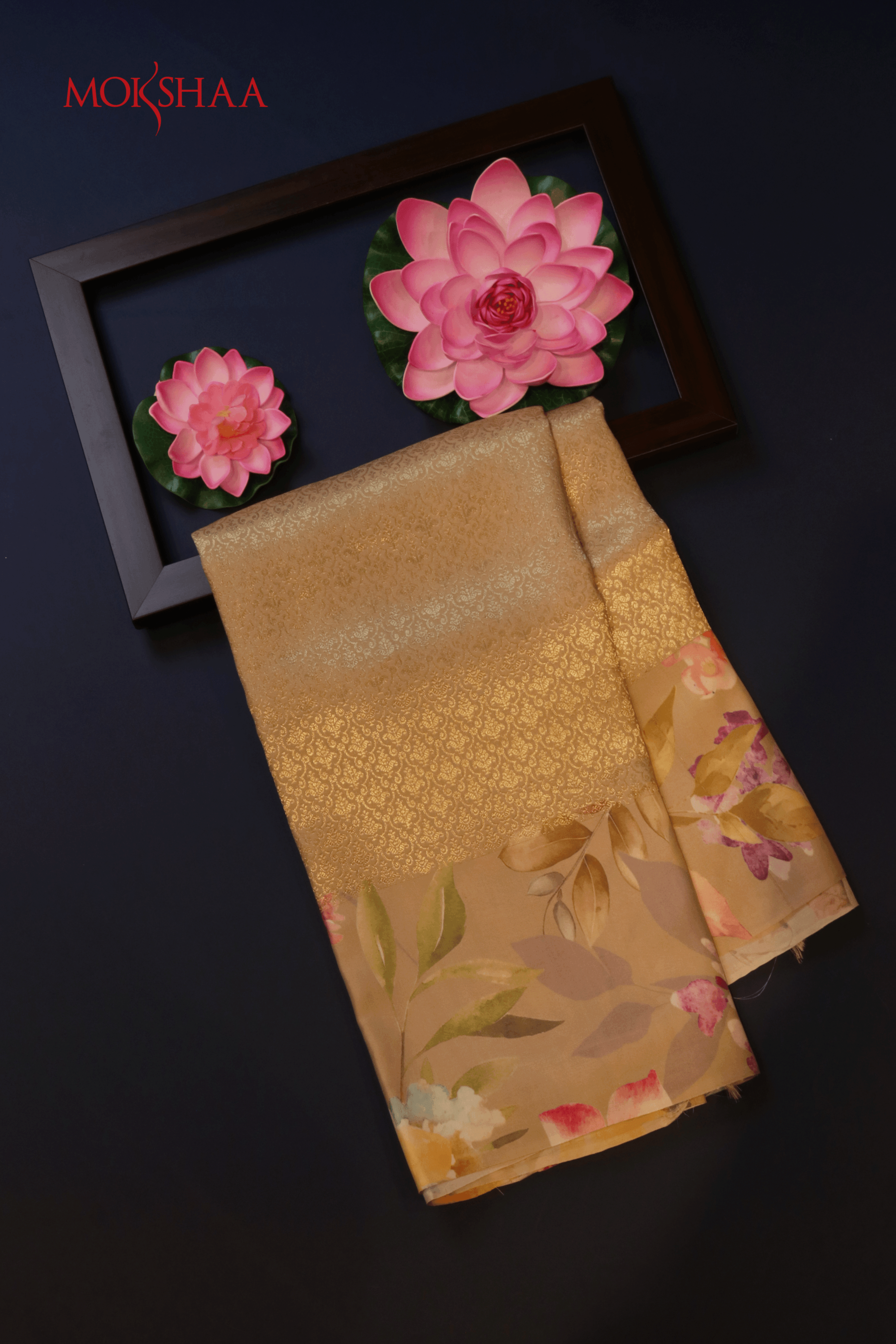 Beige Printed Satin Silk Saree - Mokshaa