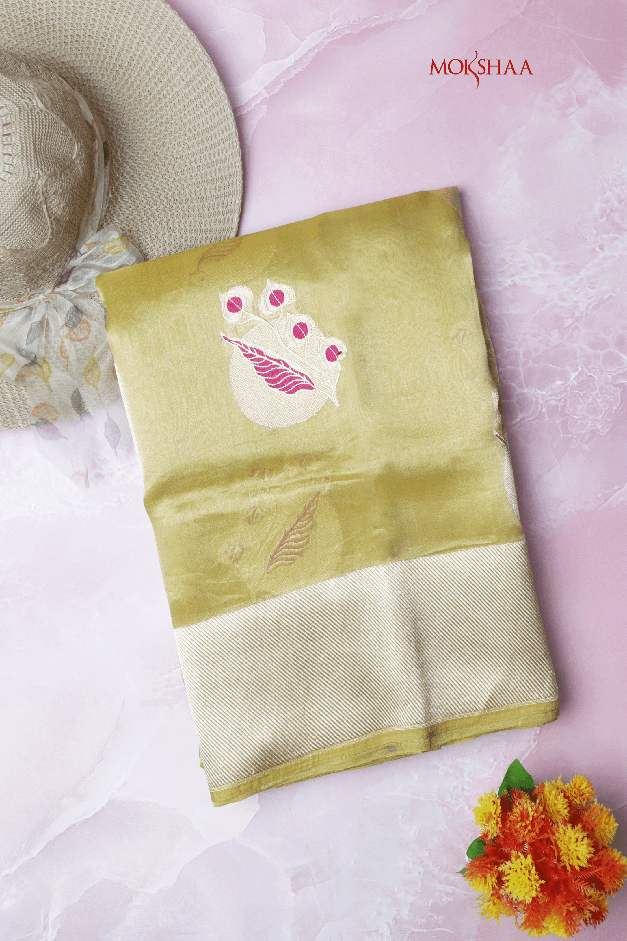 Olive Green Tissue Kora Saree - Mokshaa