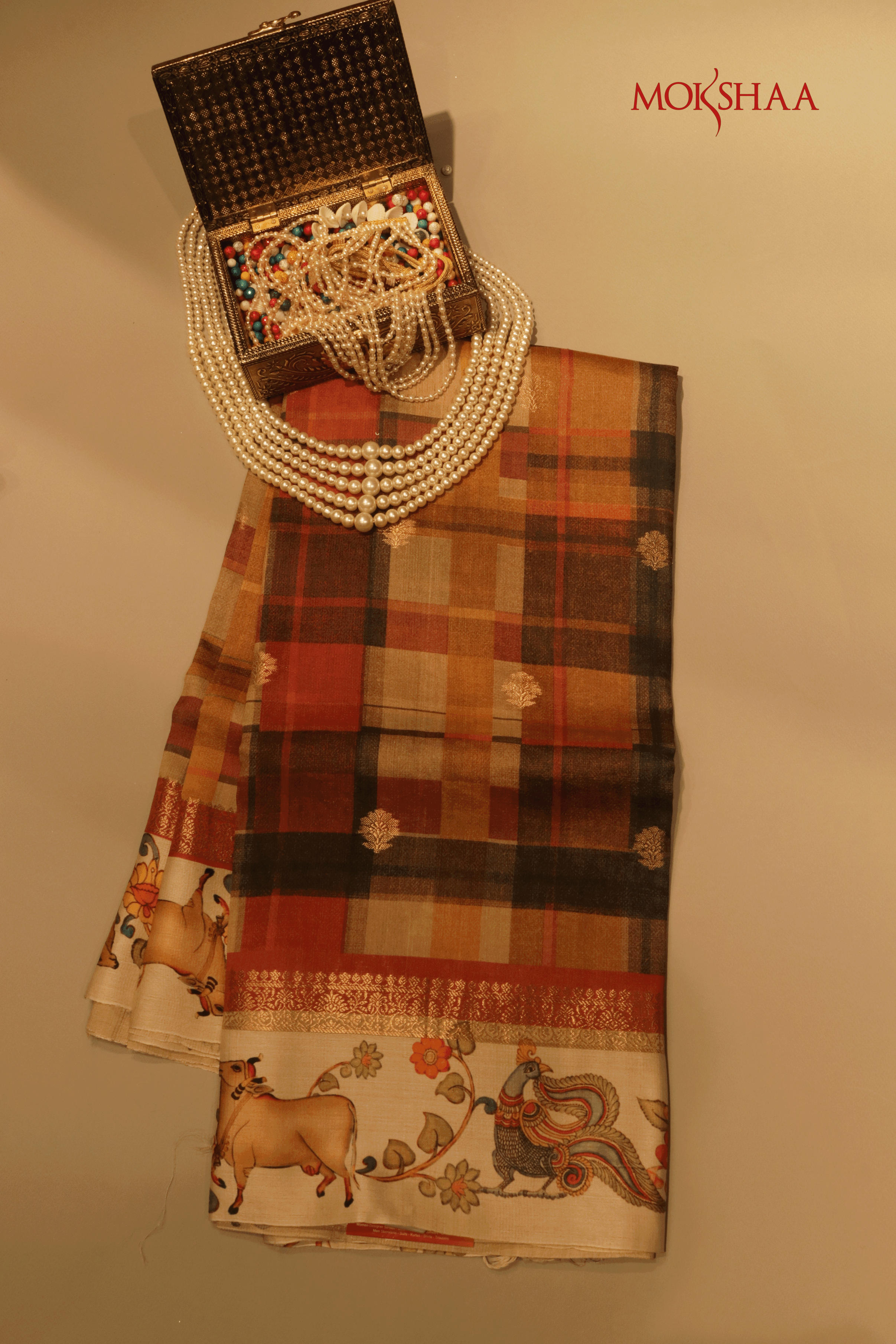 Multicoloured Checked Tussar Saree With Kalamkari Animal Border - Mokshaa