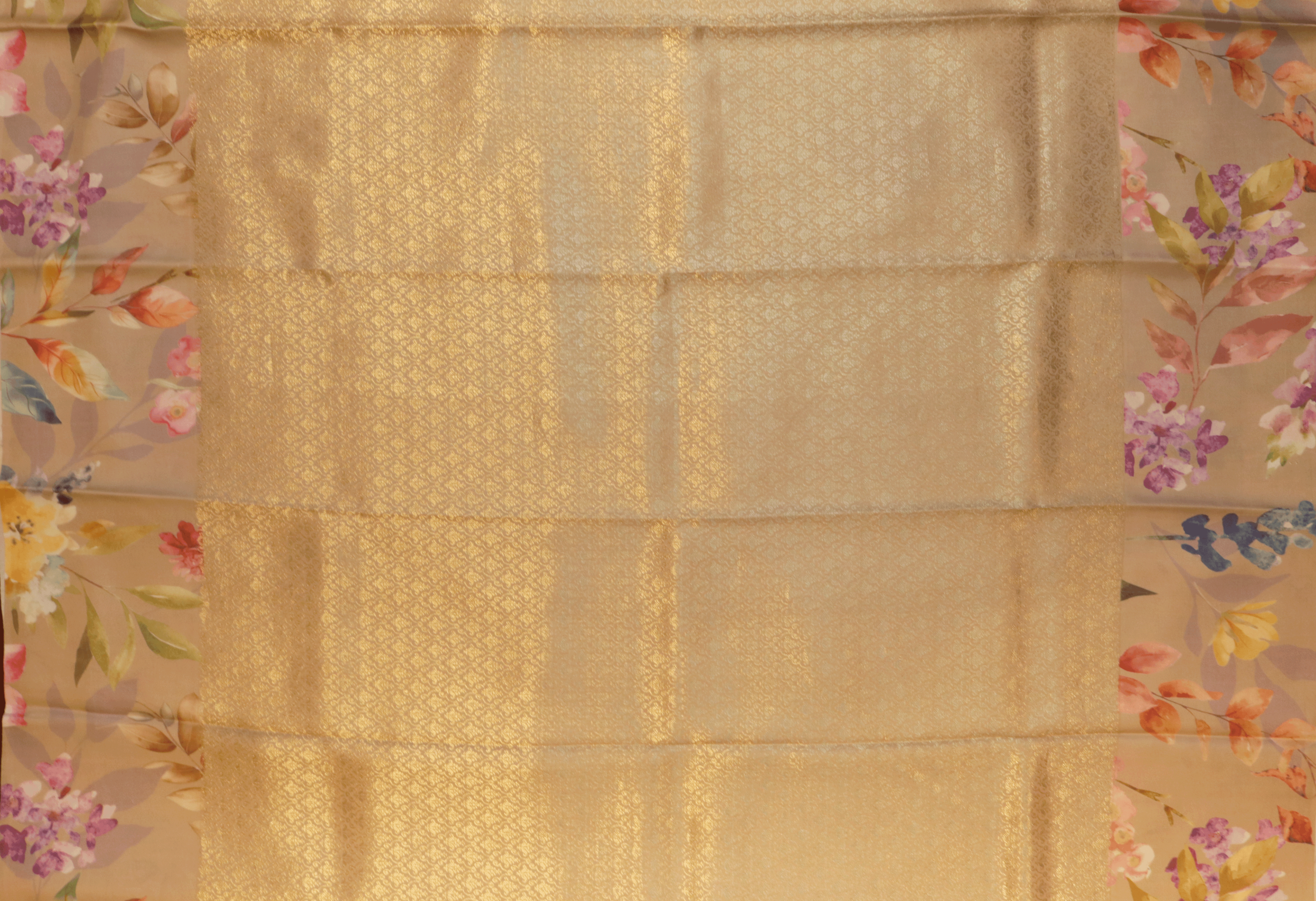 Beige Printed Satin Silk Saree - Mokshaa