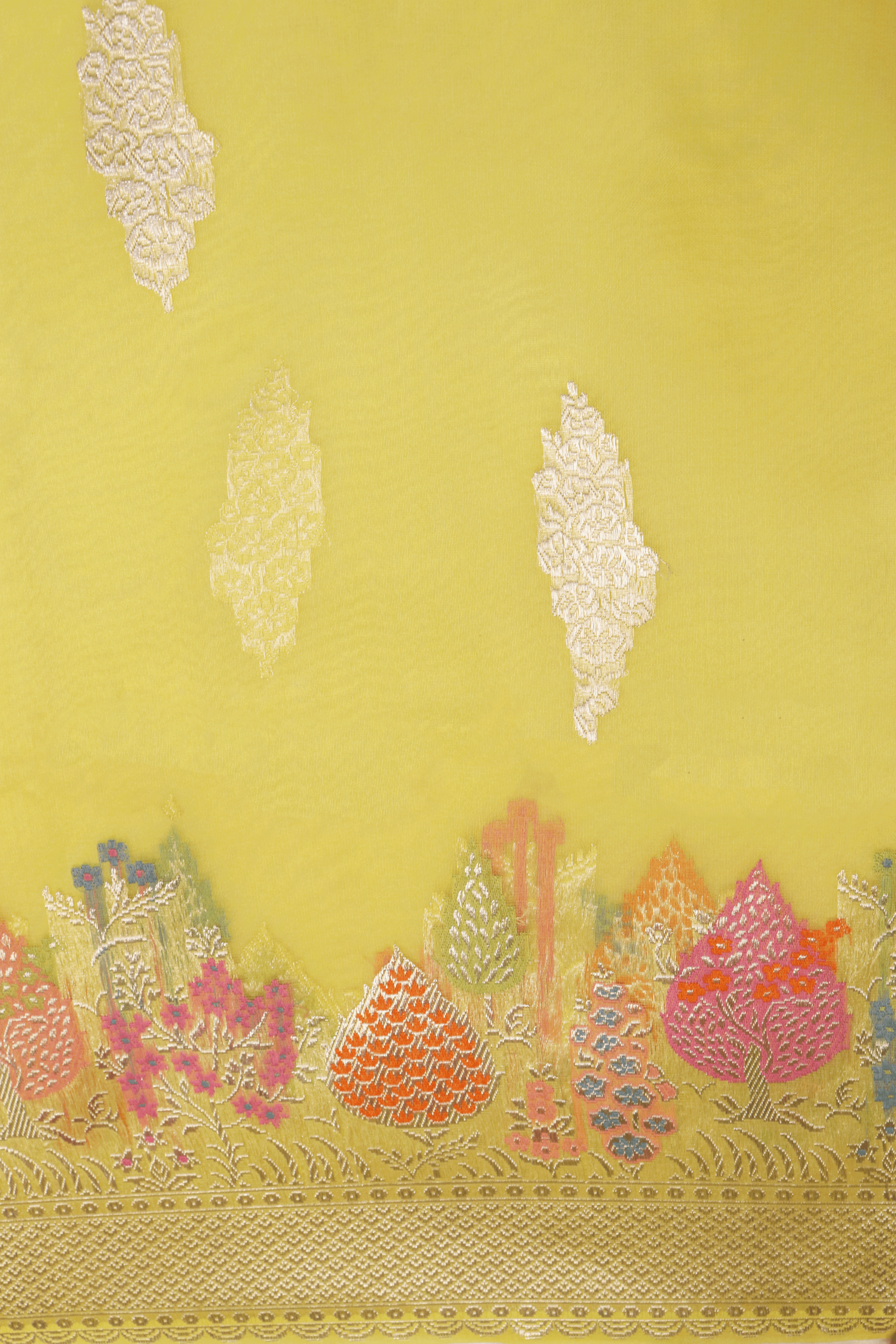 Canary Yellow Banarasi Kora Silk Saree - Mokshaa
