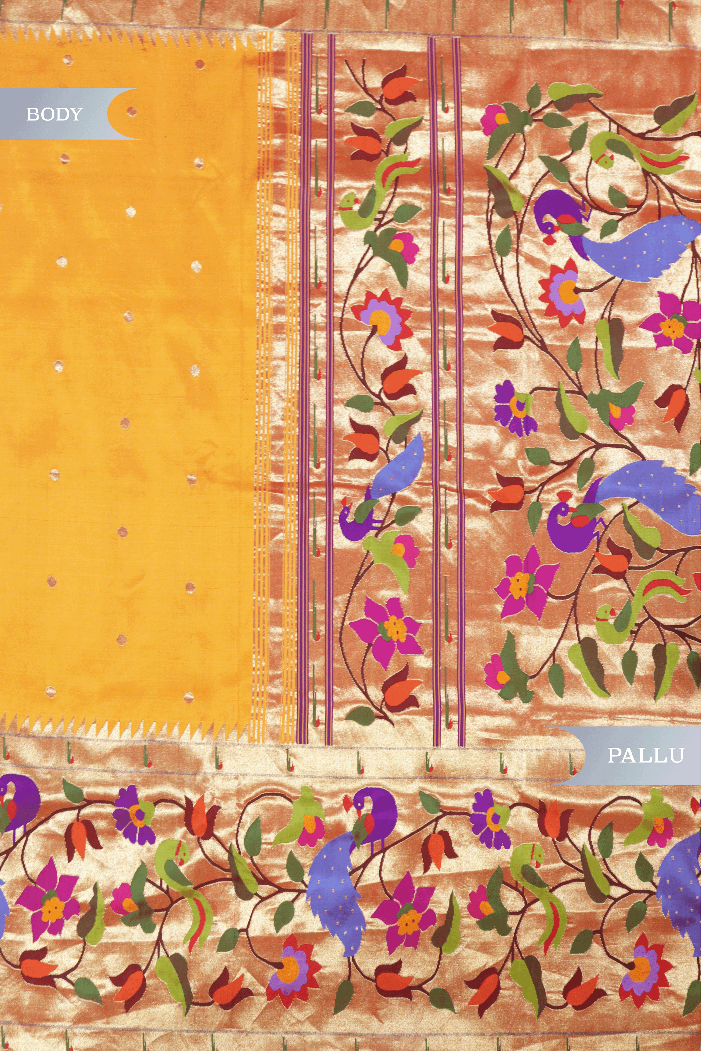 Orange Paithani Silk Saree with Multicolour Peacock Motif Pallu - Mokshaa