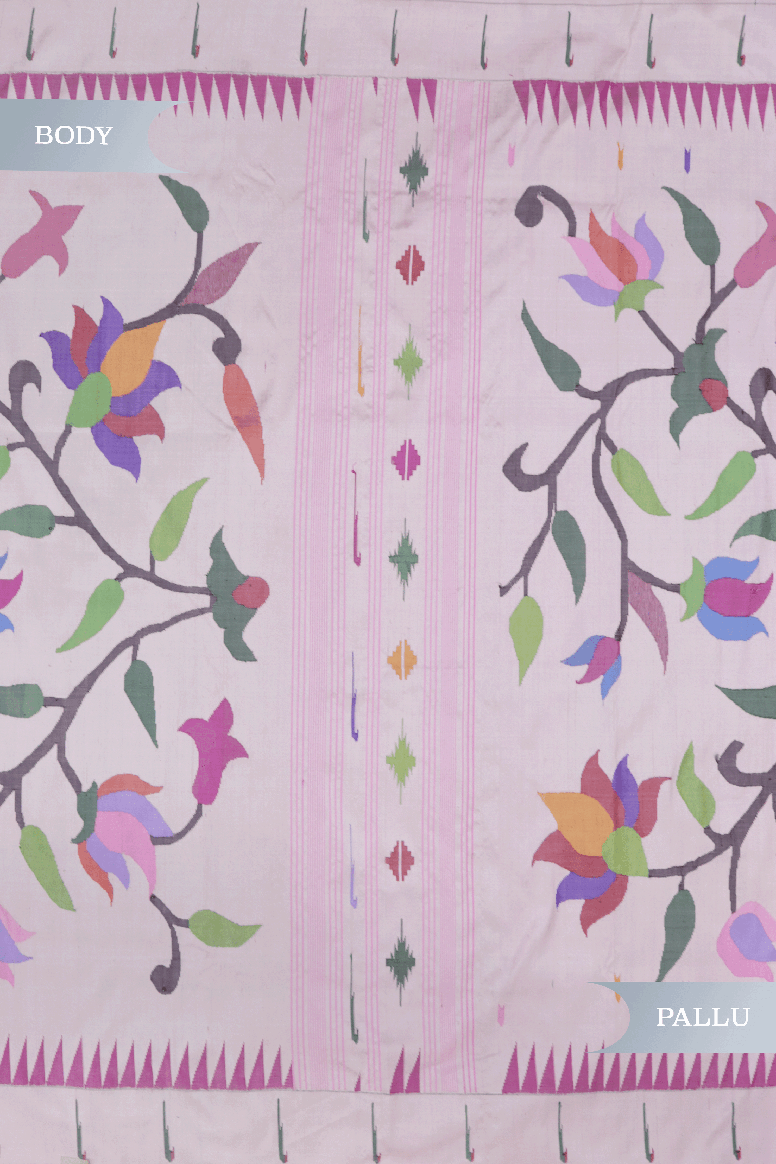 Blush Pink Paithani Saree with Multicolour Lotus Jaal and Muniya Border - Mokshaa