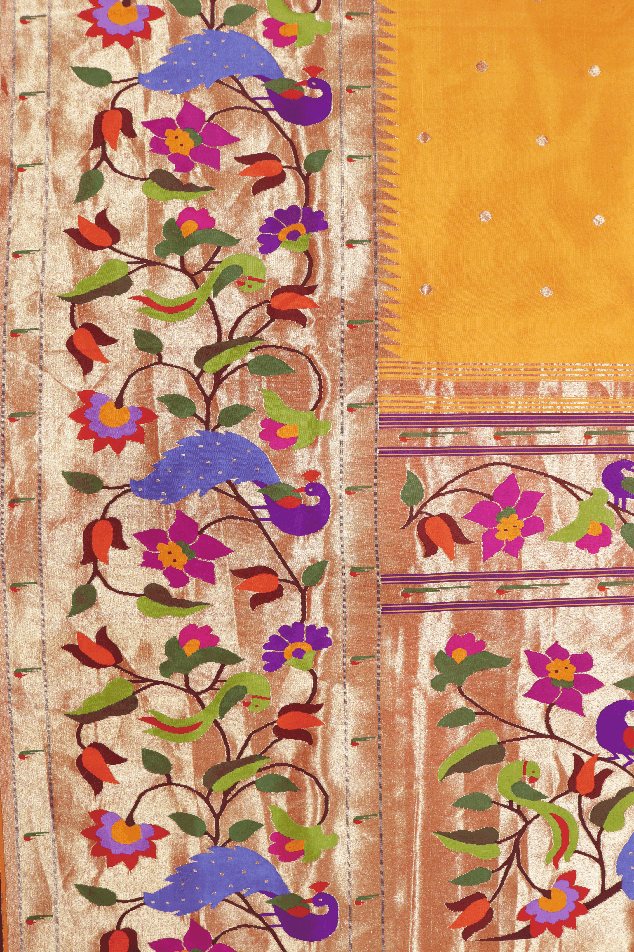 Orange Paithani Silk Saree with Multicolour Peacock Motif Pallu - Mokshaa