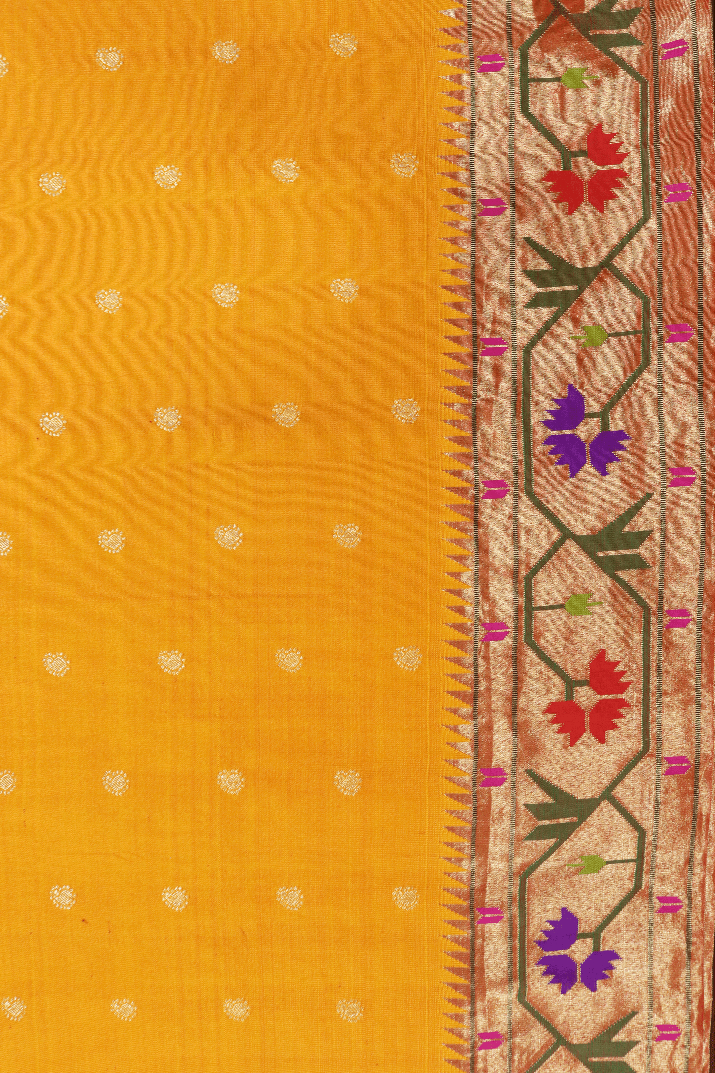 Sunset Orange Paithani Saree with Gold Zari and Lotus Motif Border - Mokshaa