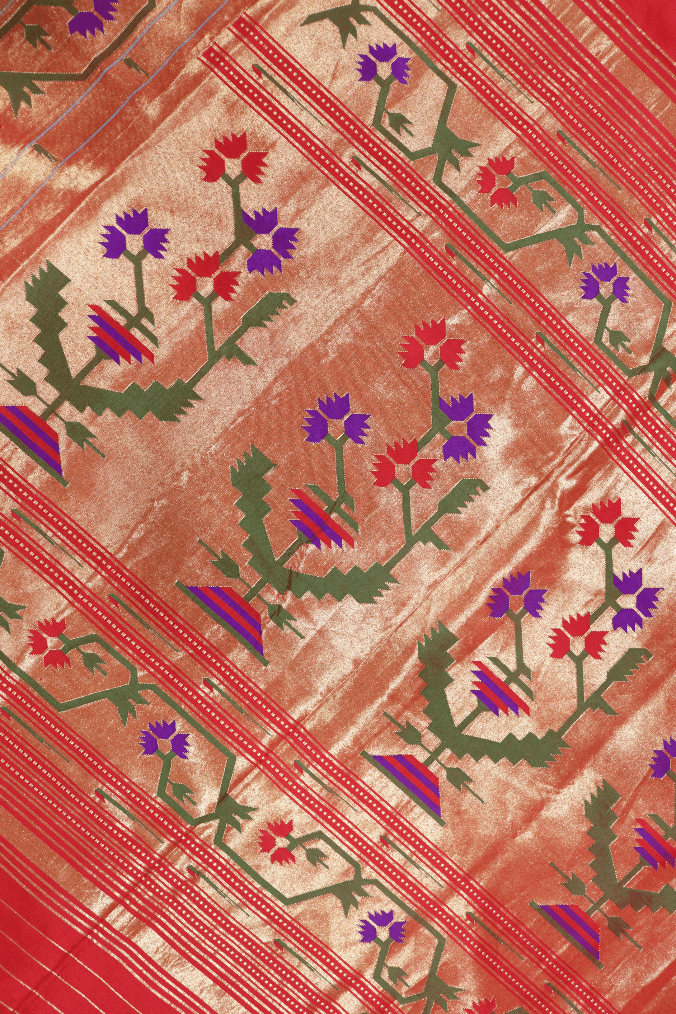 Classic Red Paithani Saree with Gold Zari and Lotus Motifs - Mokshaa