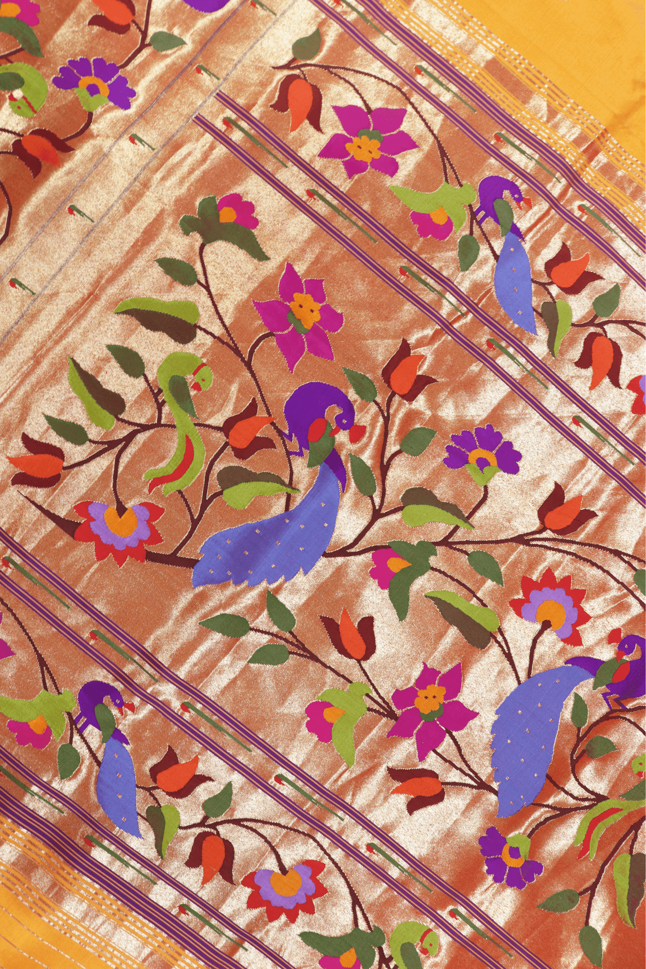 Orange Paithani Silk Saree with Multicolour Peacock Motif Pallu - Mokshaa