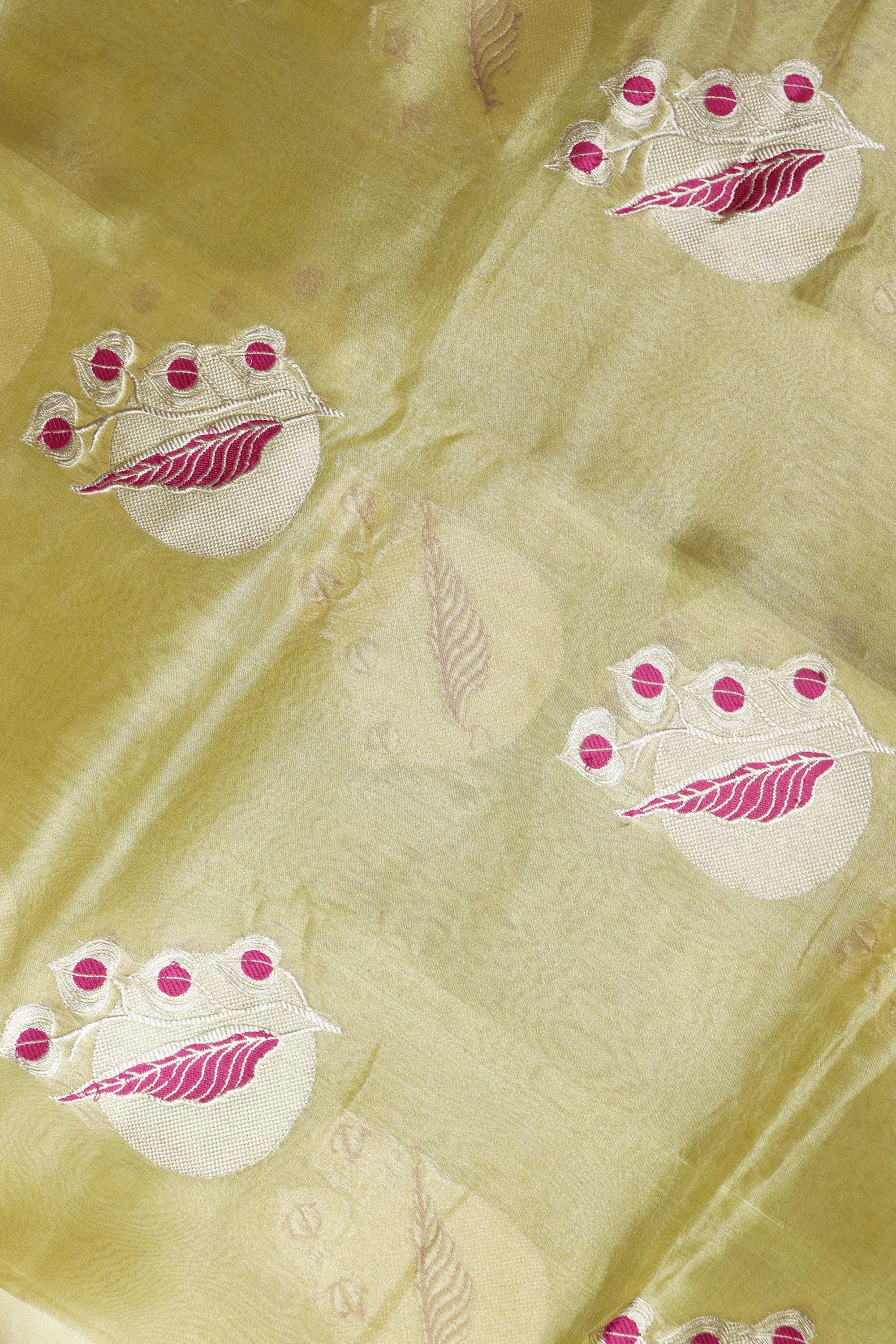 Olive Green Tissue Kora Saree - Mokshaa