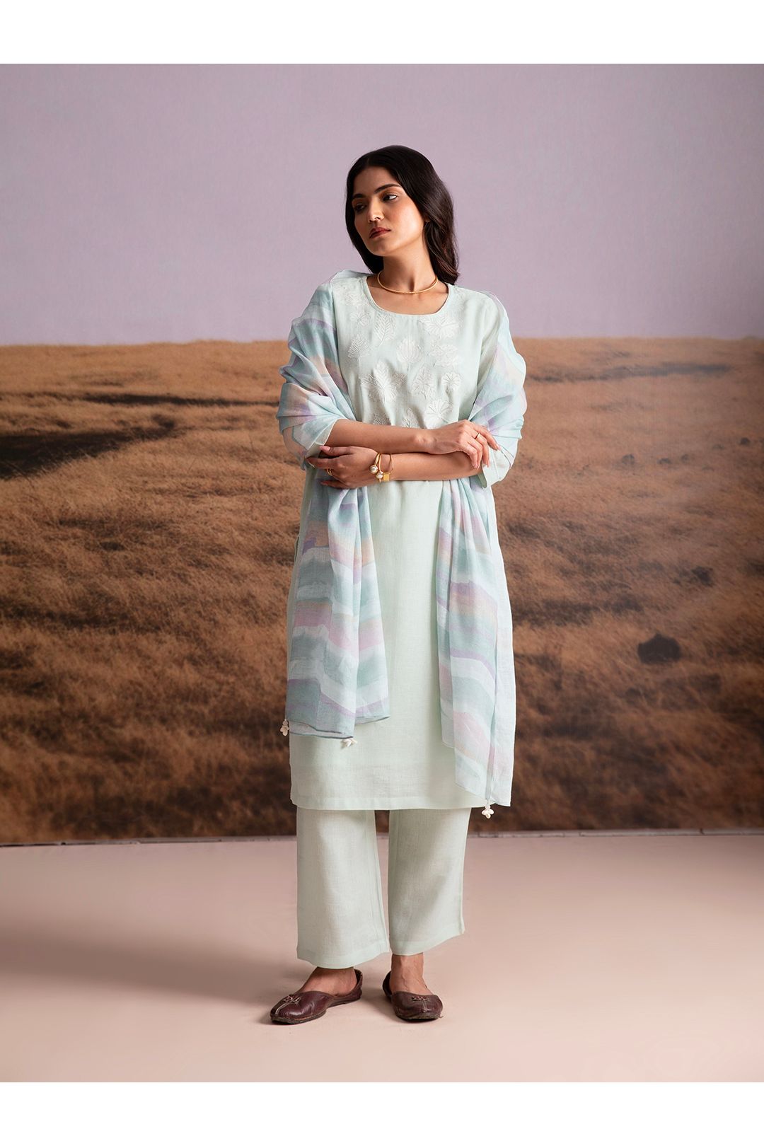Mint Applique Karamiori Linen Salwar Set - Mokshaa