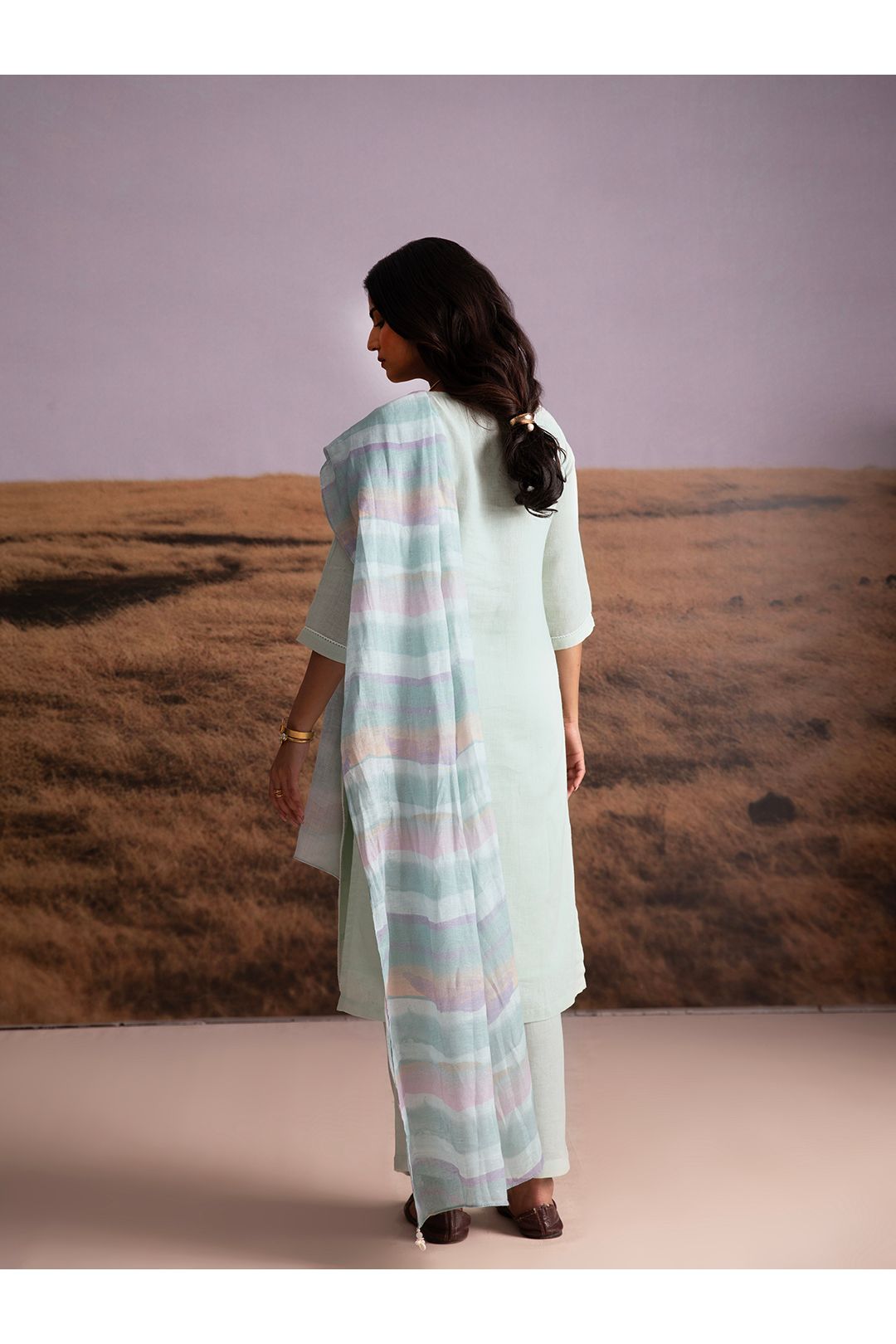 Mint Applique Karamiori Linen Salwar Set - Mokshaa