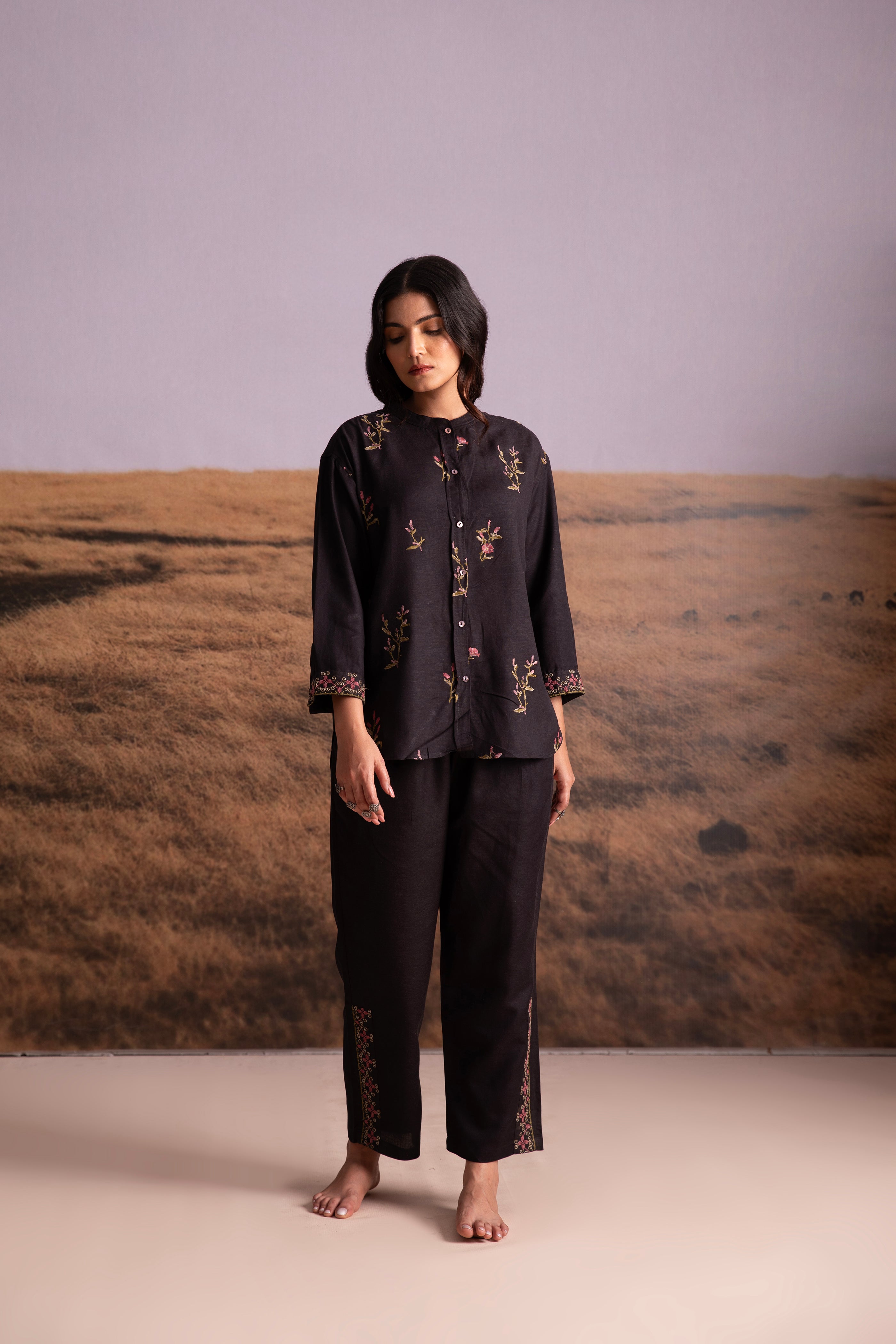 Cross-Stitch Linen Co-ord Set-Black - Mokshaa