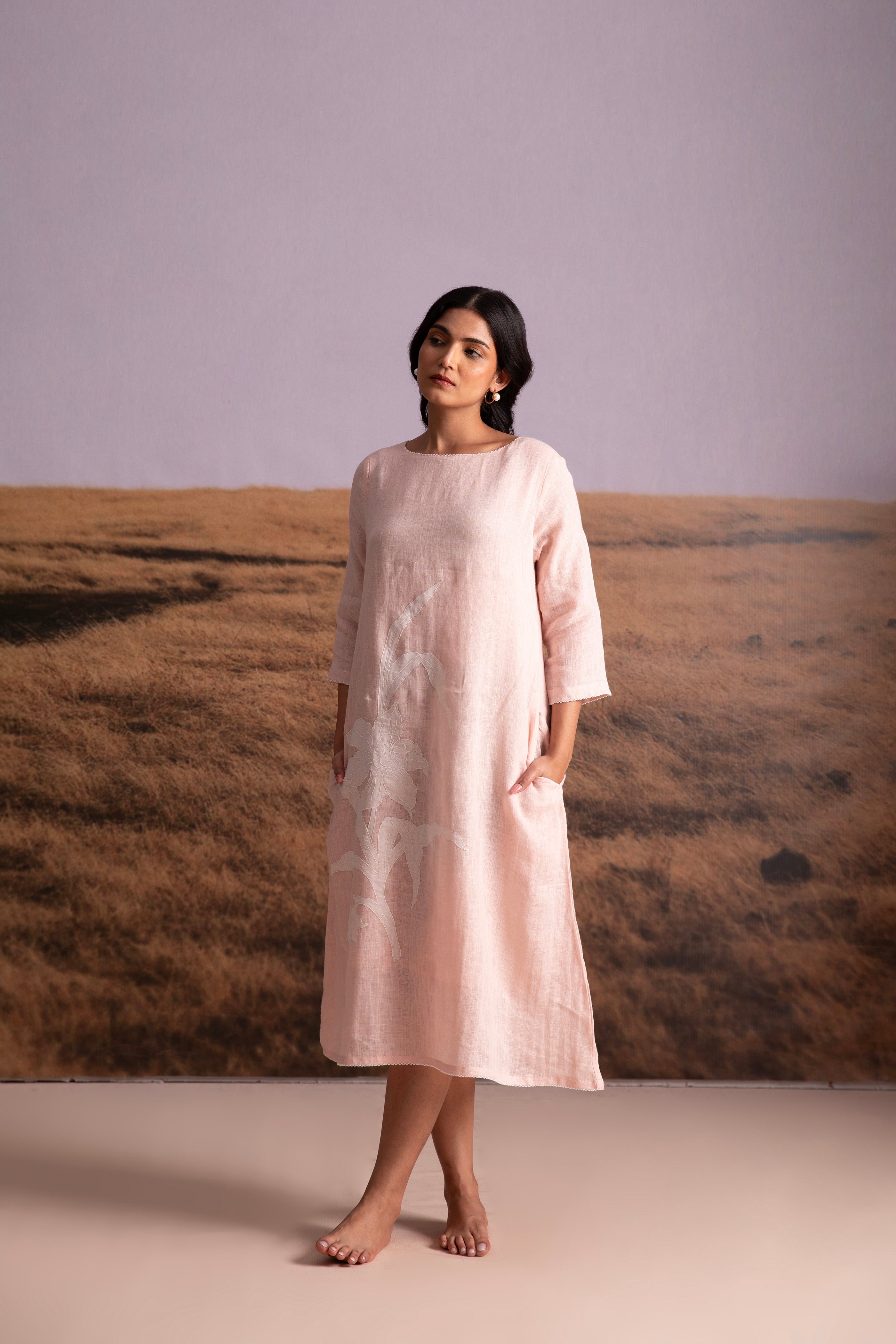 Pure Hemp Applique Dress-Pink - Mokshaa