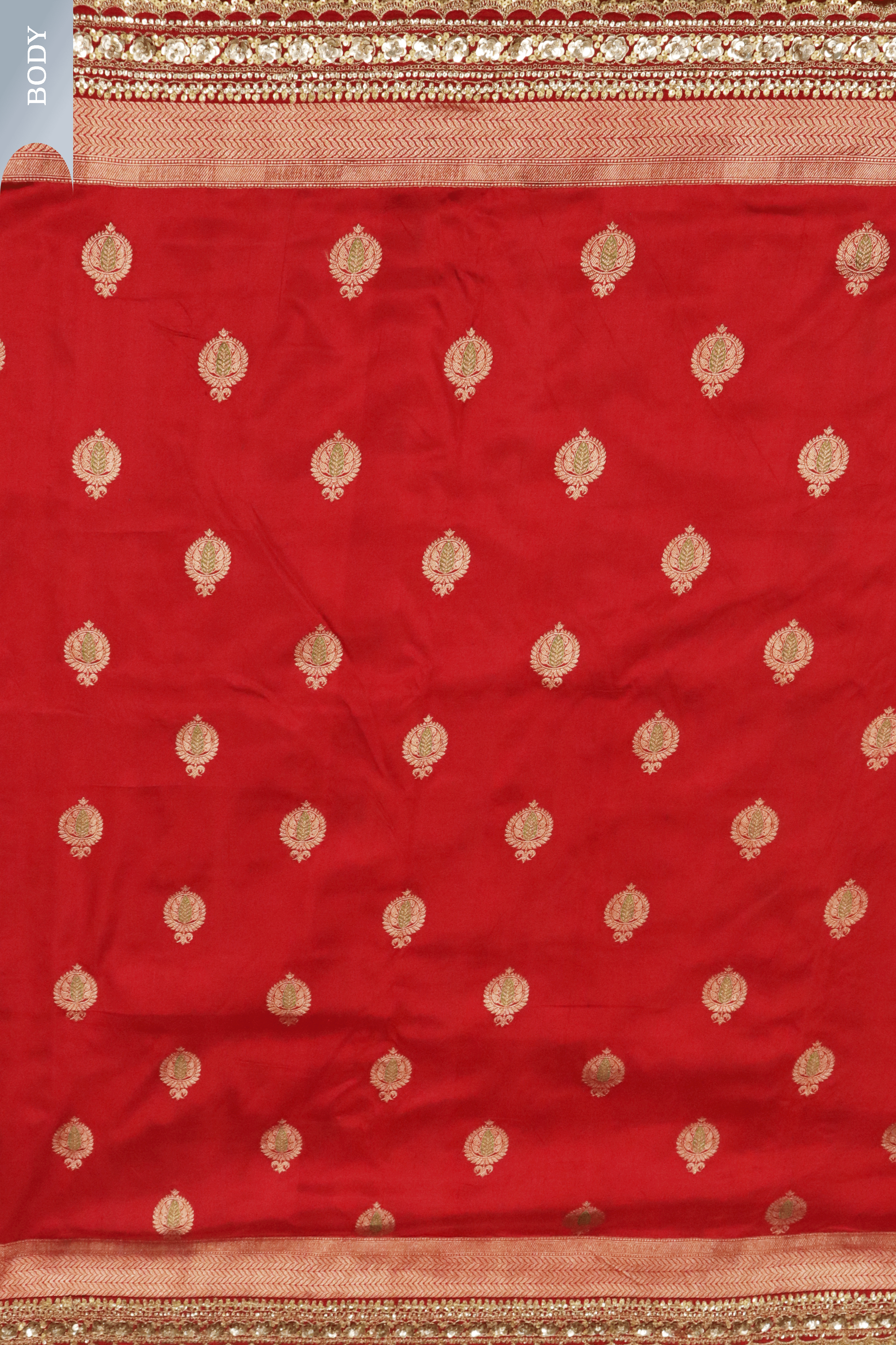 Red Banarasi Silk Saree with Kaduwa Buttas & Sequin Border - Mokshaa