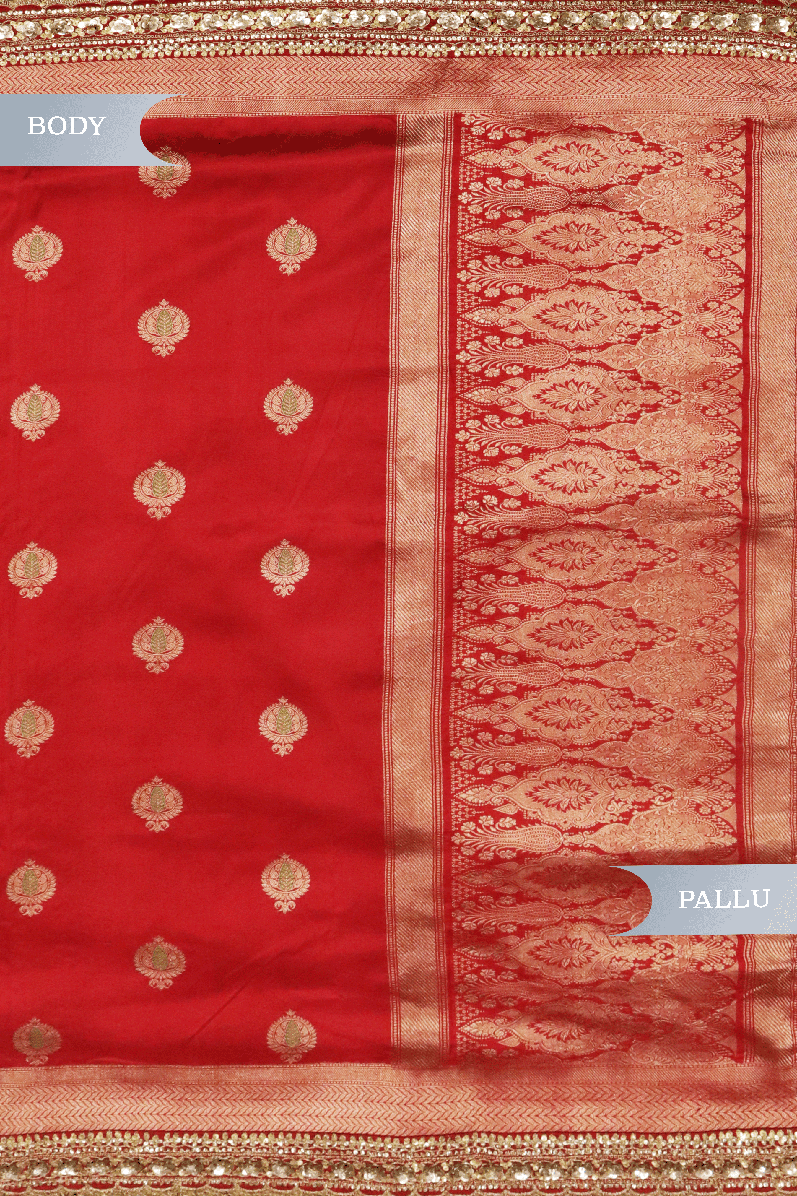 Red Banarasi Silk Saree with Kaduwa Buttas & Sequin Border - Mokshaa