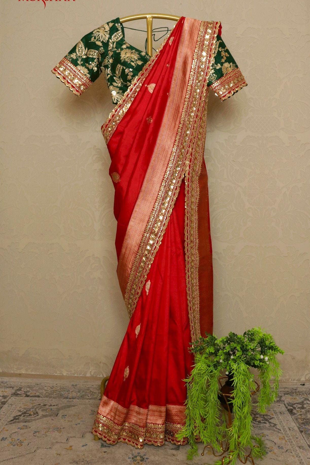 Red Banarasi Silk Saree with Kaduwa Buttas & Sequin Border - Mokshaa