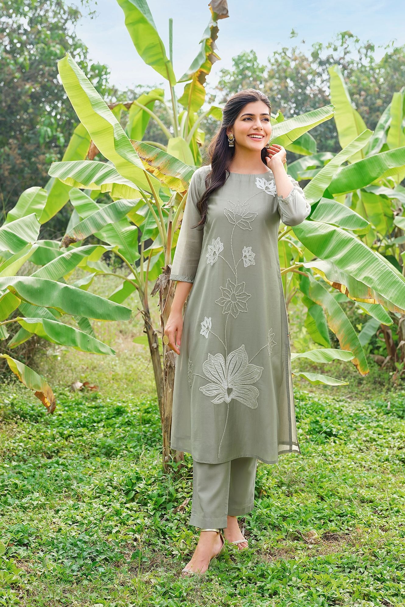 Olive Floral Kurta Set