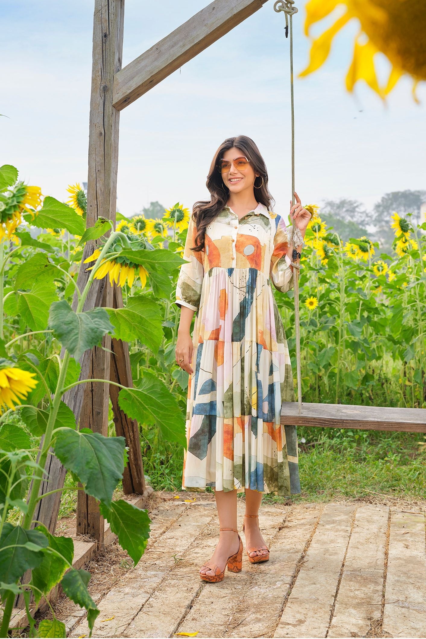 Beige - Multicolour Printed Dress