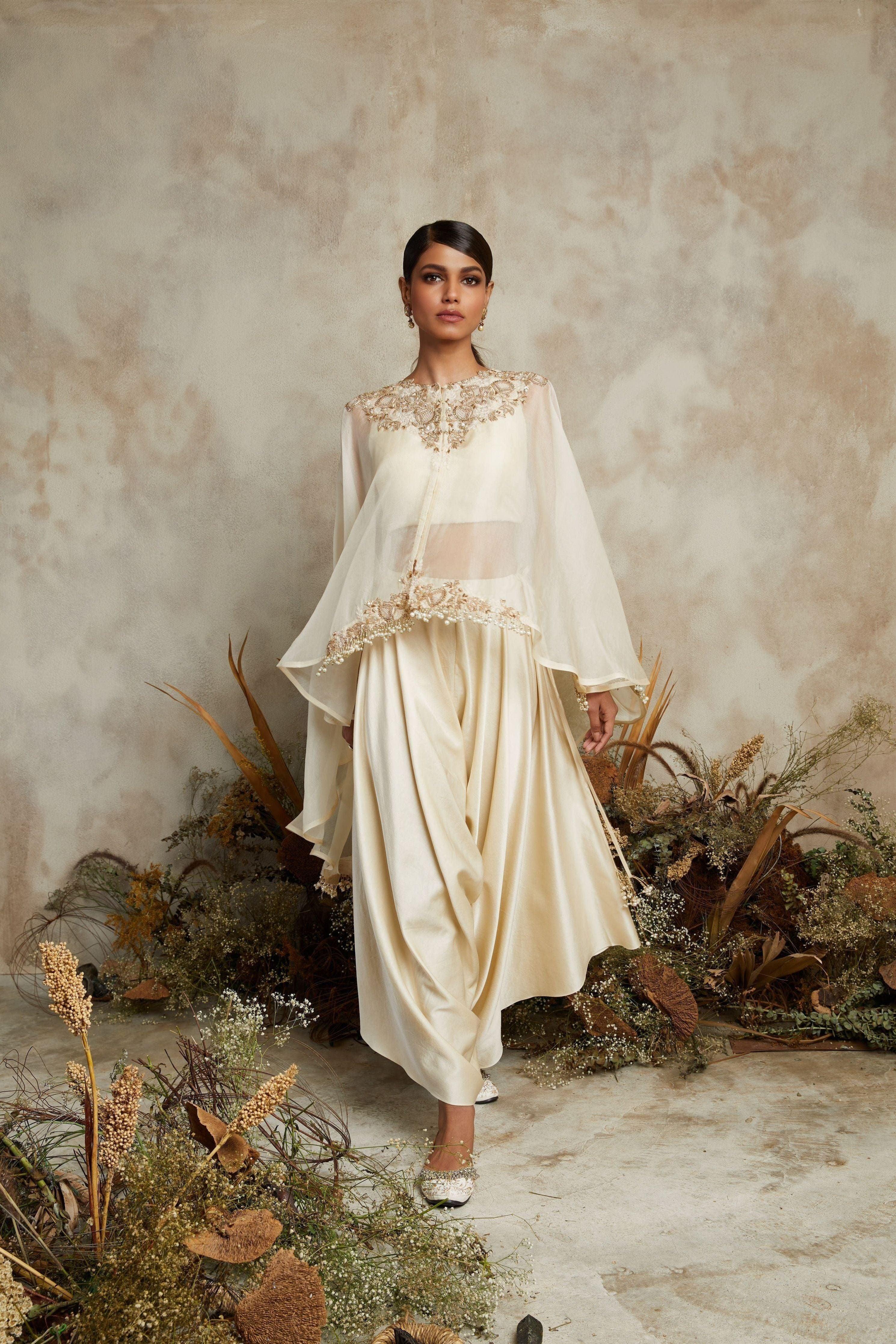 Ivory Organza Umbrella Cape With Silk Bustier And Cotton Satin Pants - Mokshaa