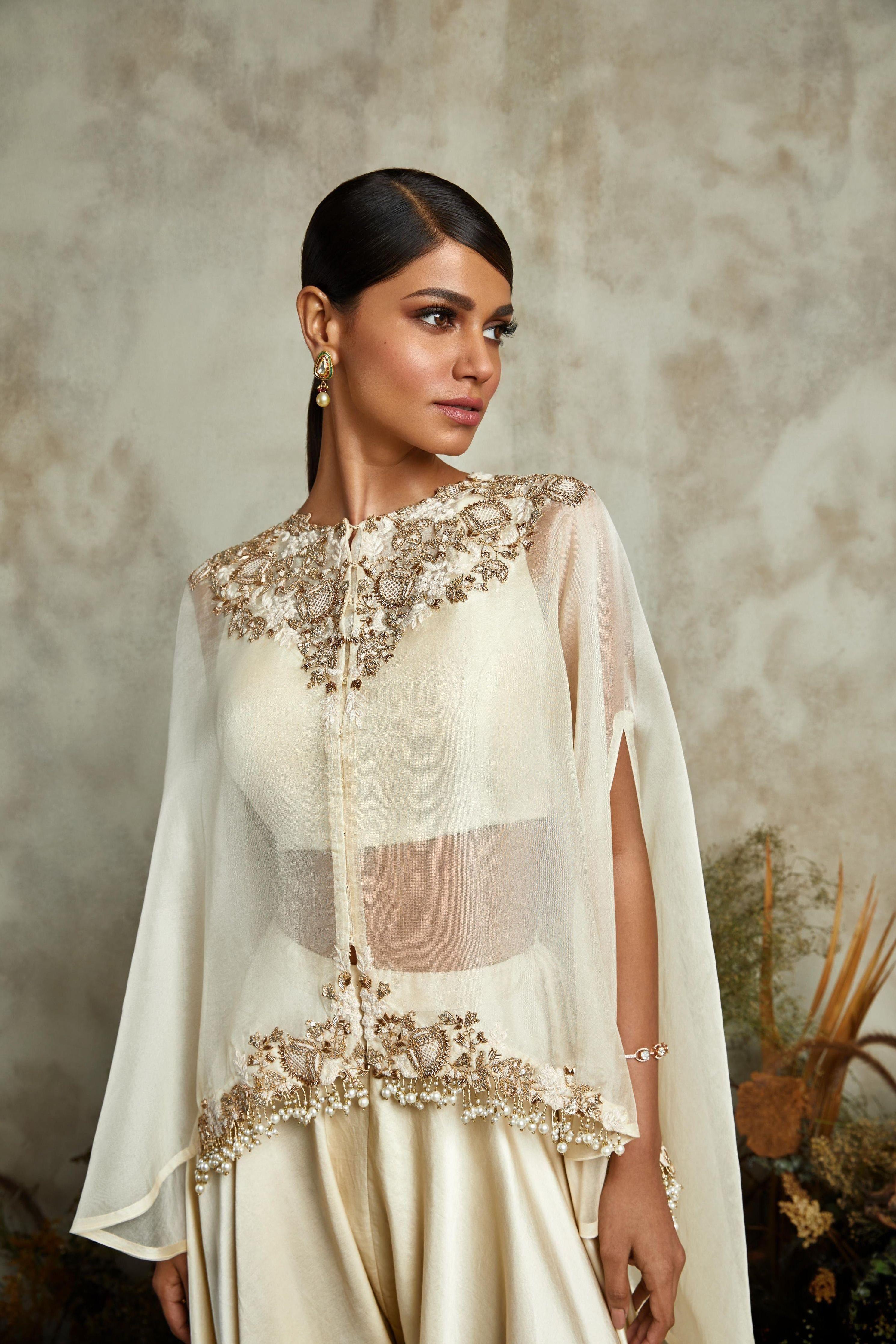 Ivory Organza Umbrella Cape With Silk Bustier And Cotton Satin Pants - Mokshaa