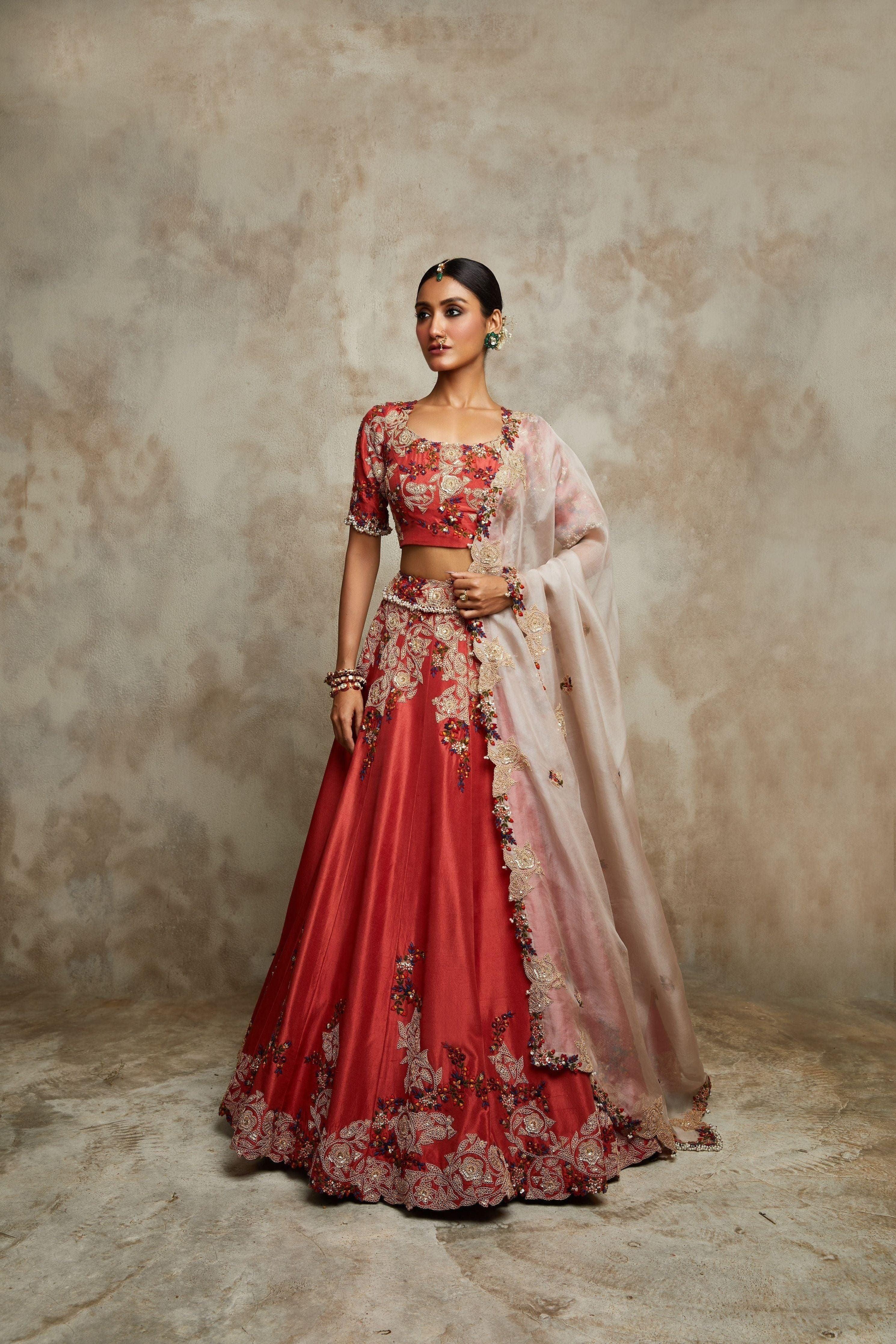 Burnt Orange Silk Blouse And Lehenga With Champagne Organza Dupatta - Mokshaa