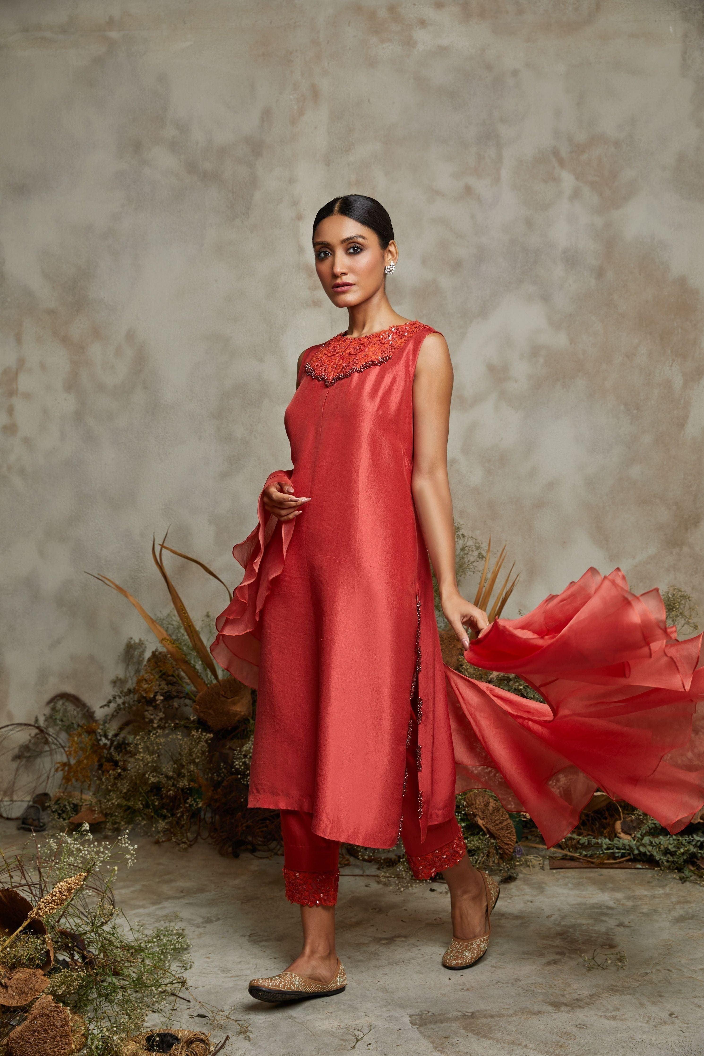 Burnt Orange Silk Kurta With Cotton Satin Pants And Organza Ruffle Dupatta - Mokshaa