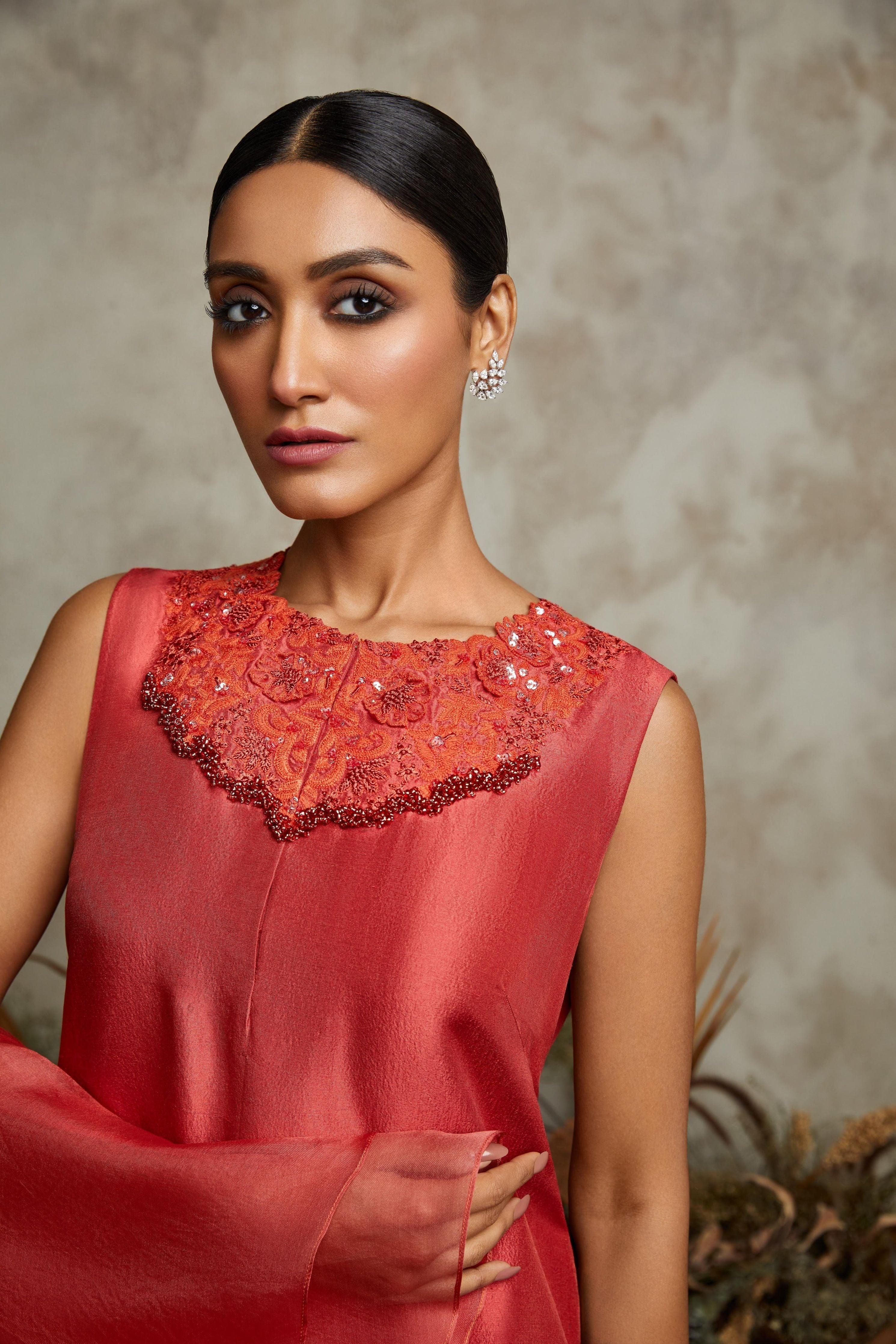 Burnt Orange Silk Kurta With Cotton Satin Pants And Organza Ruffle Dupatta - Mokshaa