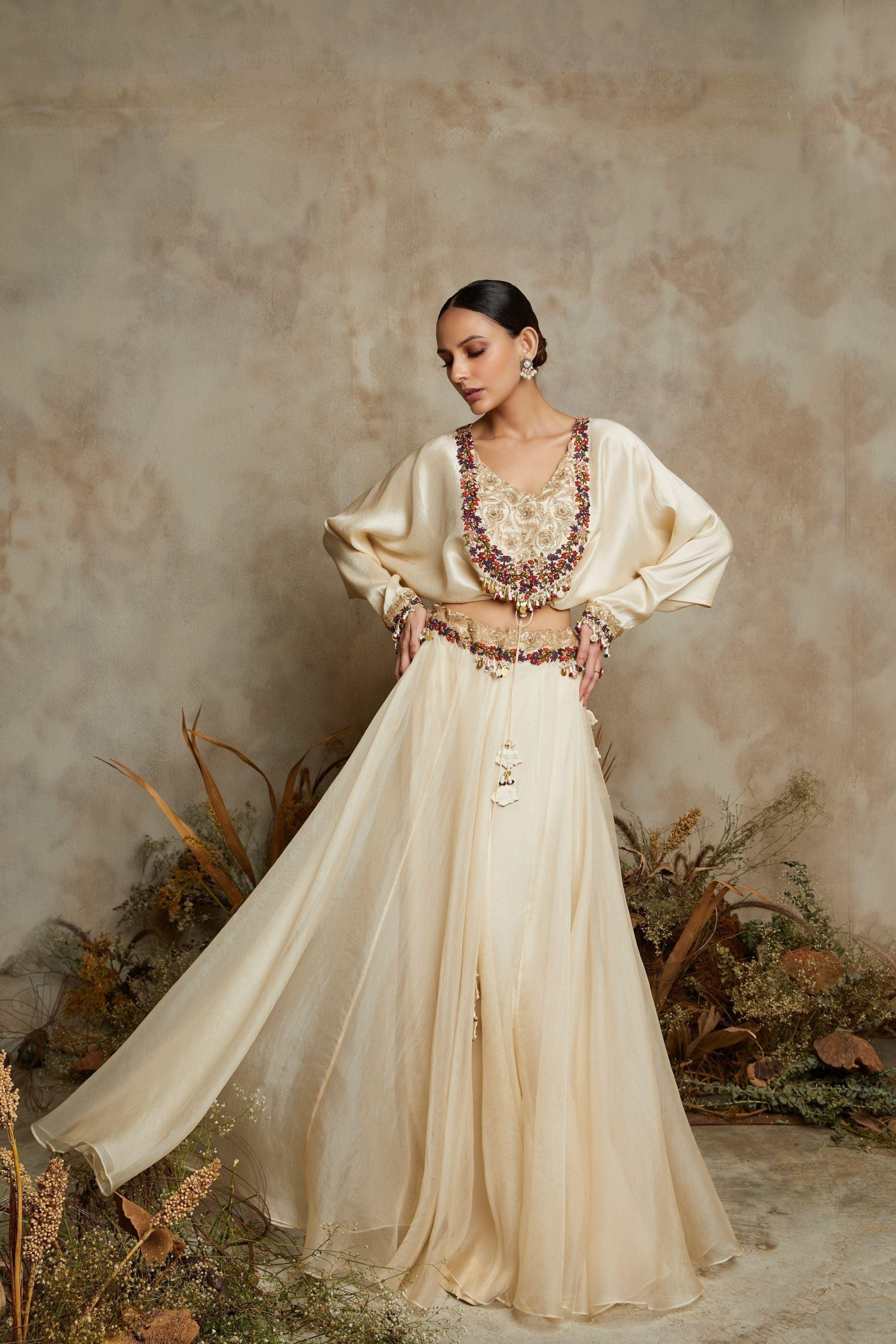 Ivory Silk Blouse With Organza Skirt - Mokshaa