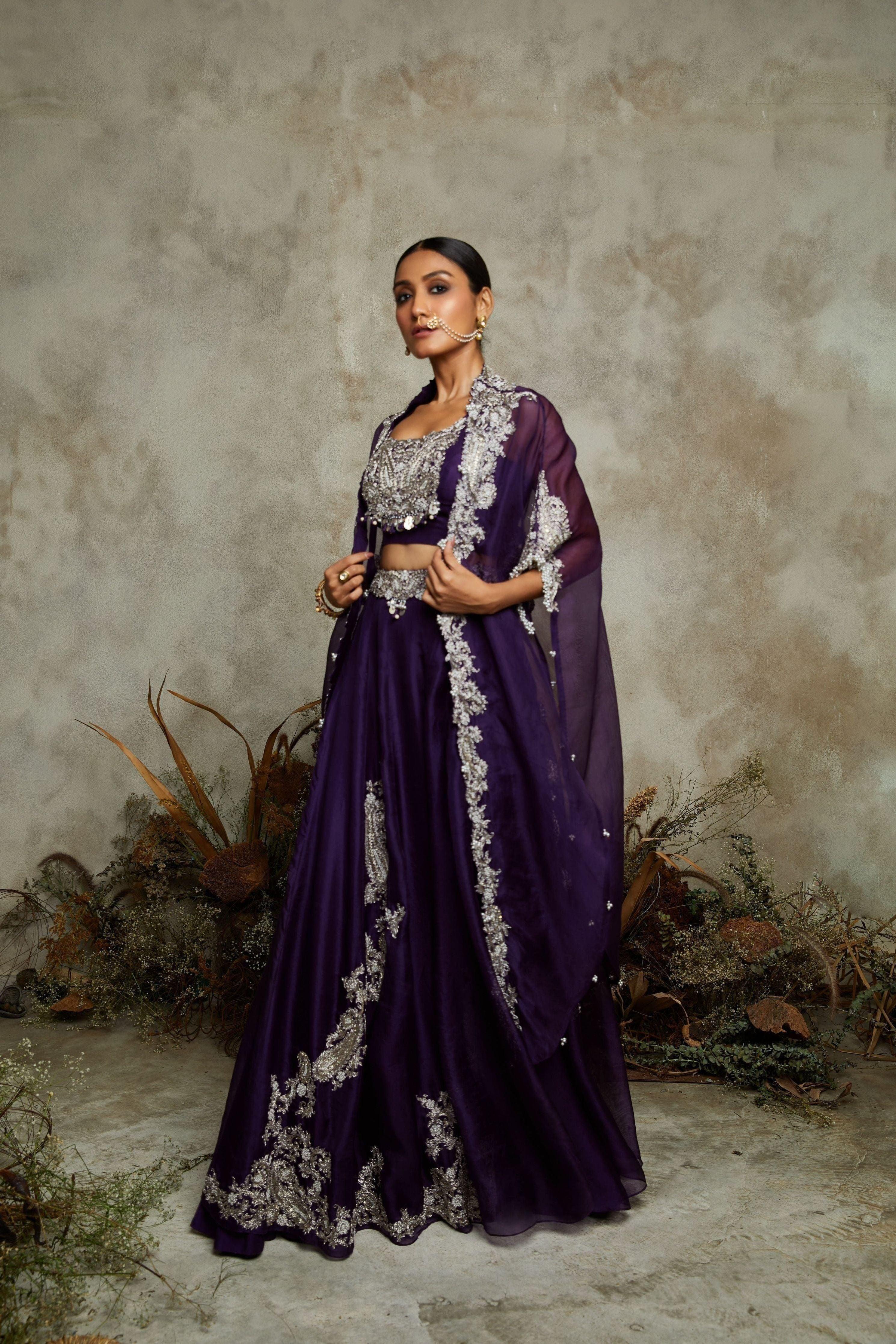 Dark Aubergine Silk Blouse With Organza Skirt And Cape - Mokshaa