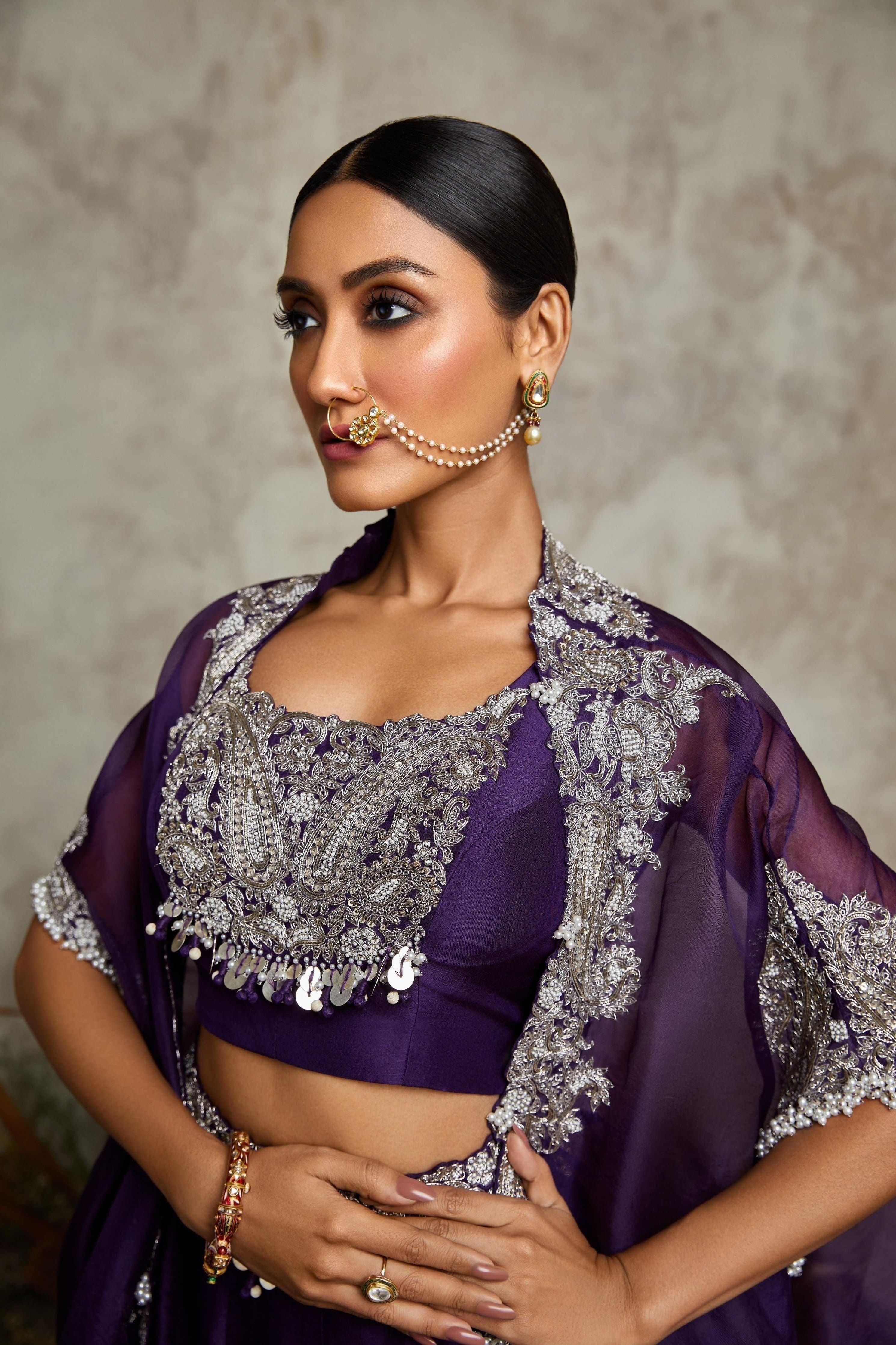 Dark Aubergine Silk Blouse With Organza Skirt And Cape - Mokshaa