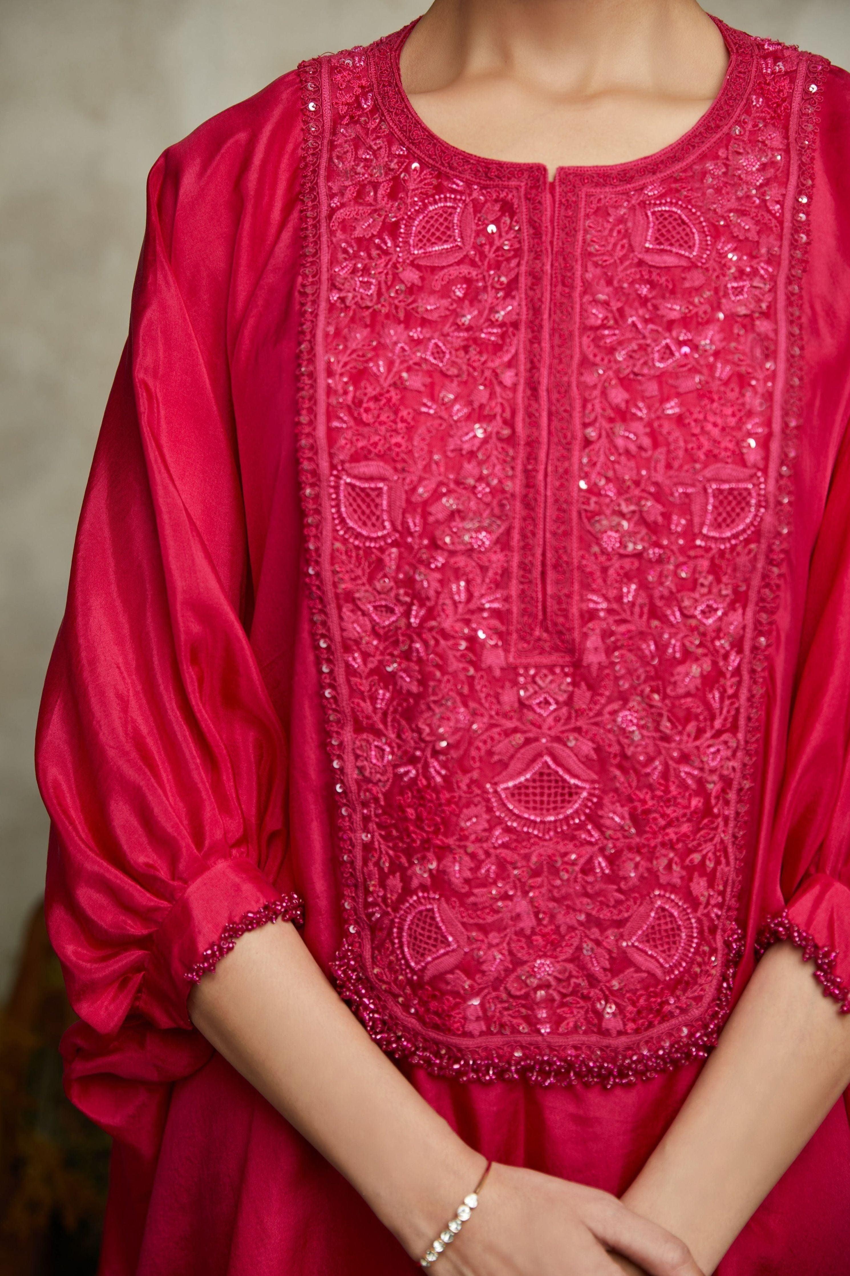 Fuscia Habutai Kaftaan With Cotton Satin Pants - Mokshaa