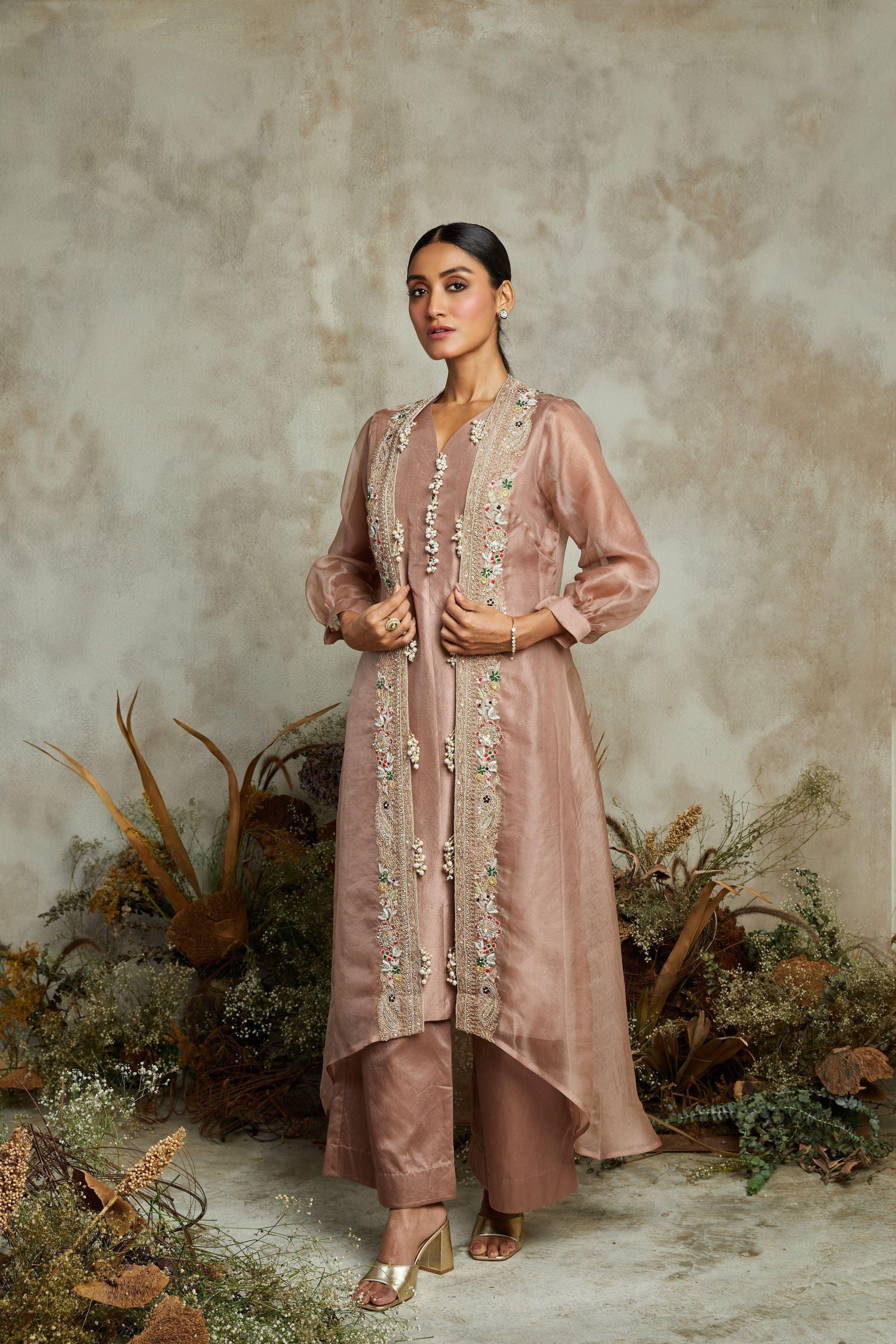 Amythst Silk Kurta With Organza Jacket And Cotton Pants - Mokshaa